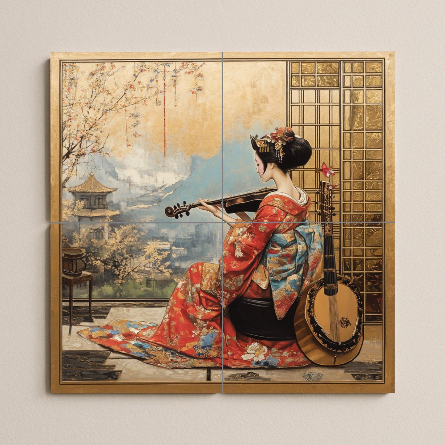 Mural de pared de cerámica de geisha con kimono rojo y violín, arte…