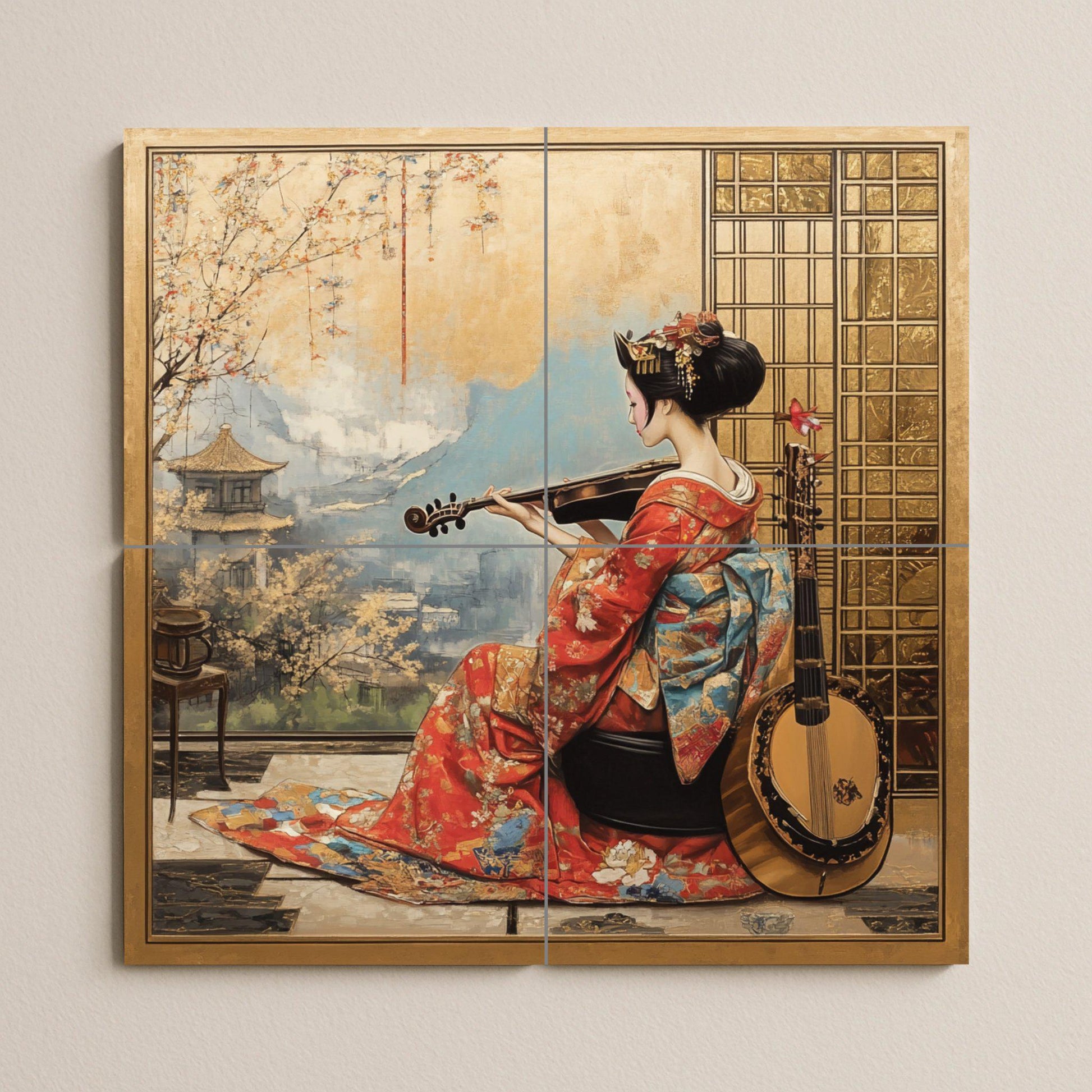 Mural de pared de cerámica de geisha con kimono rojo y violín, arte…