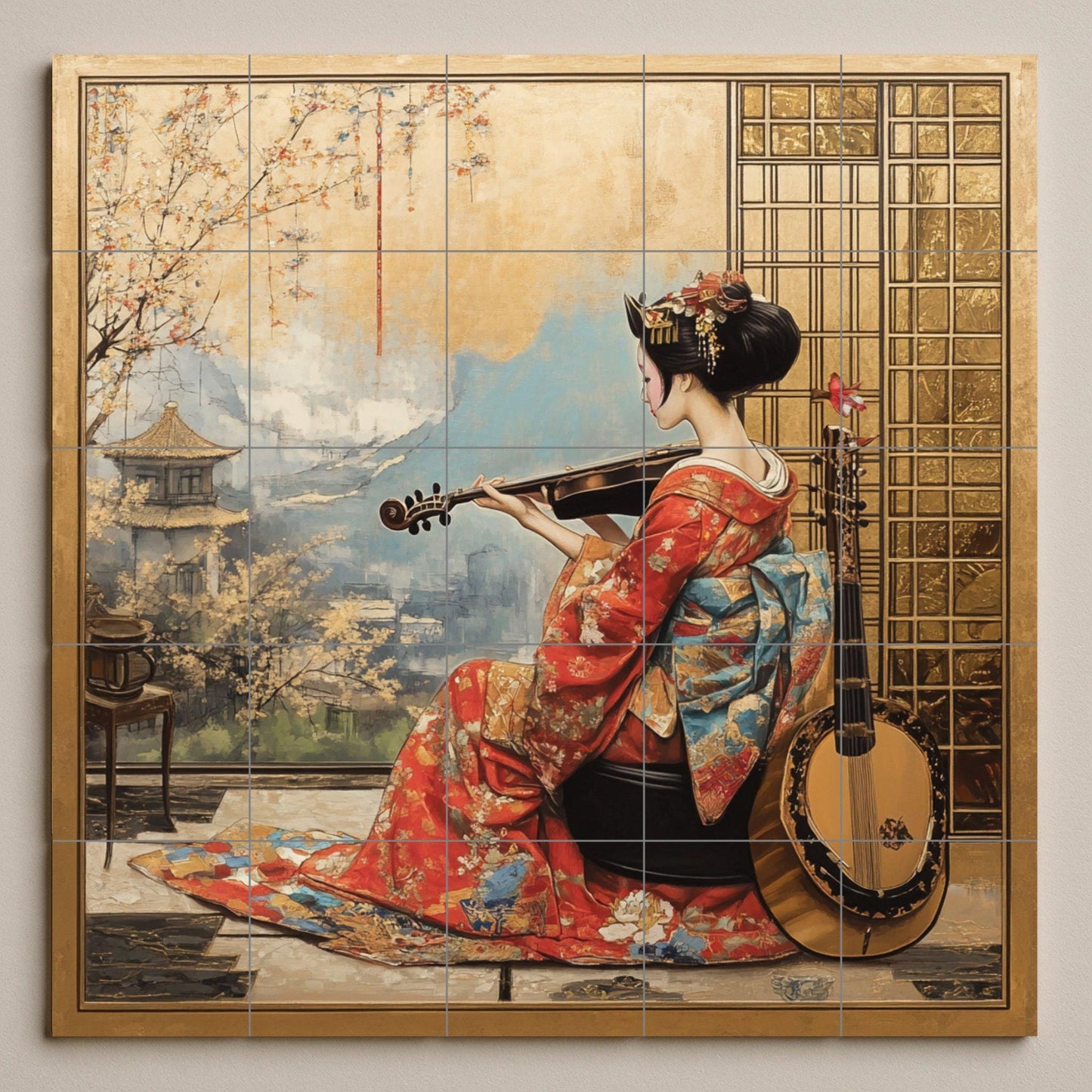 Mural de pared de cerámica de geisha con kimono rojo y violín, arte…