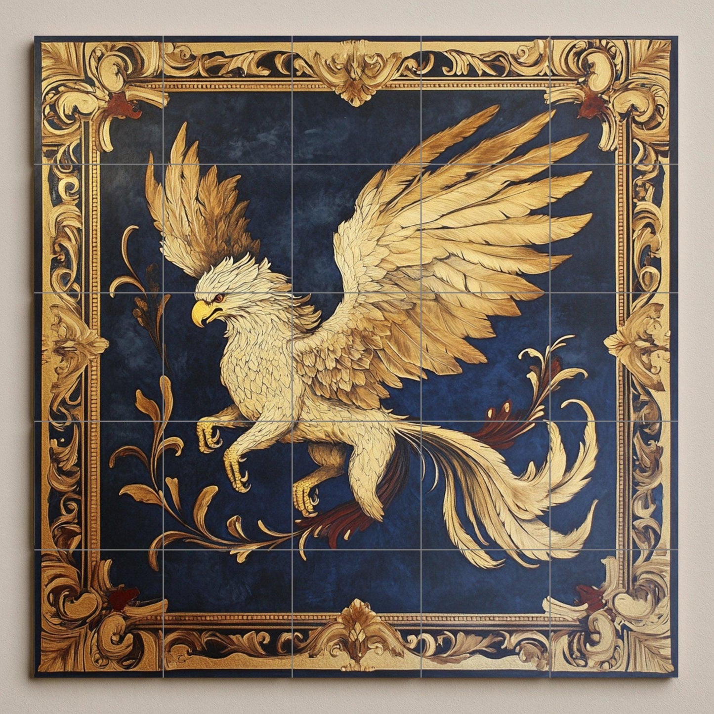 Fliesenbild Grifo dorado con marco heráldico y fondo azul o — Antiker Sagen-Dekor