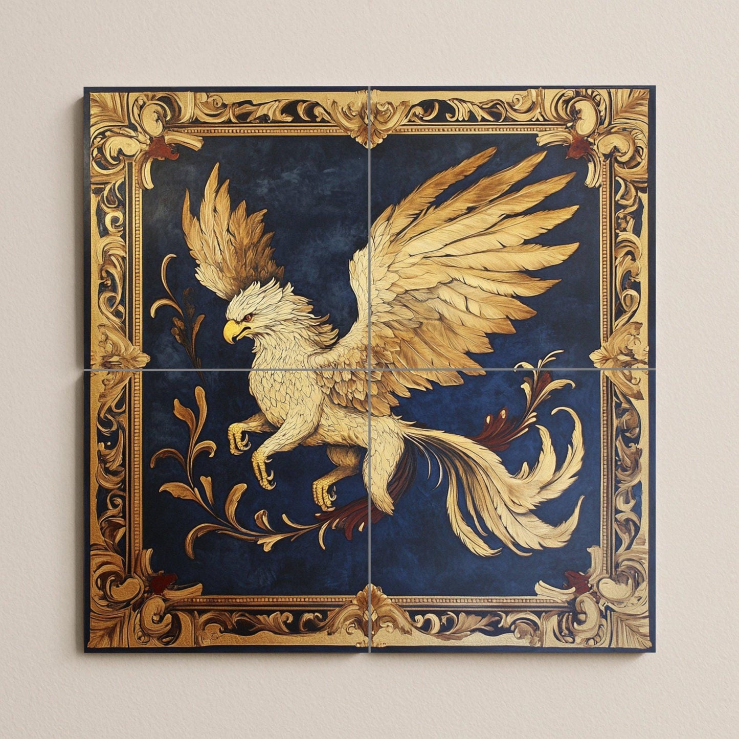 Fliesenbild Grifo dorado con marco heráldico y fondo azul o — Antiker Sagen-Dekor