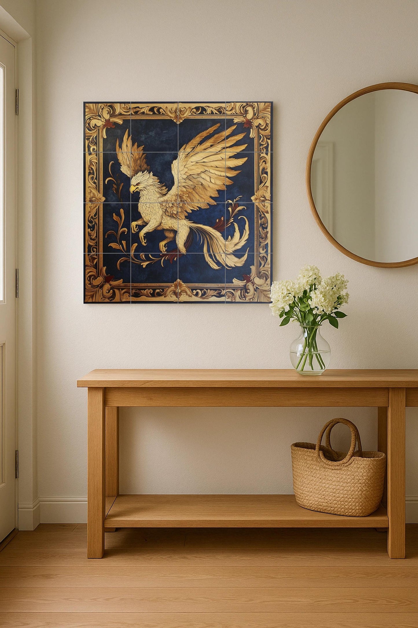 Fliesenbild Grifo dorado con marco heráldico y fondo azul o — Antiker Sagen-Dekor