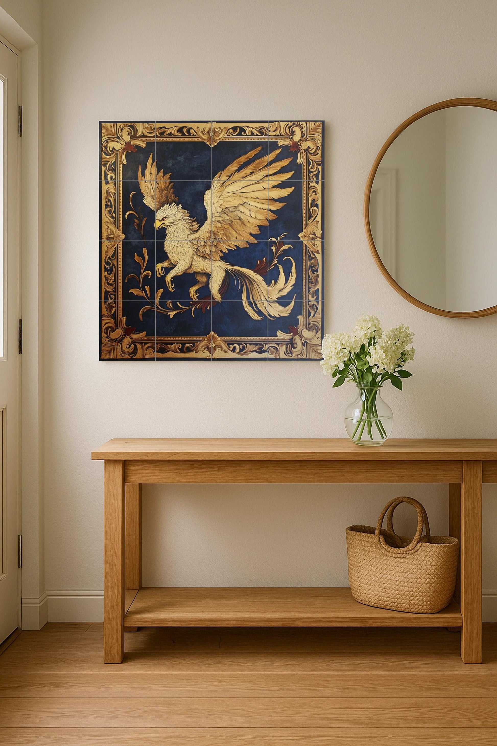 Fliesenbild Grifo dorado con marco heráldico y fondo azul o — Antiker Sagen-Dekor