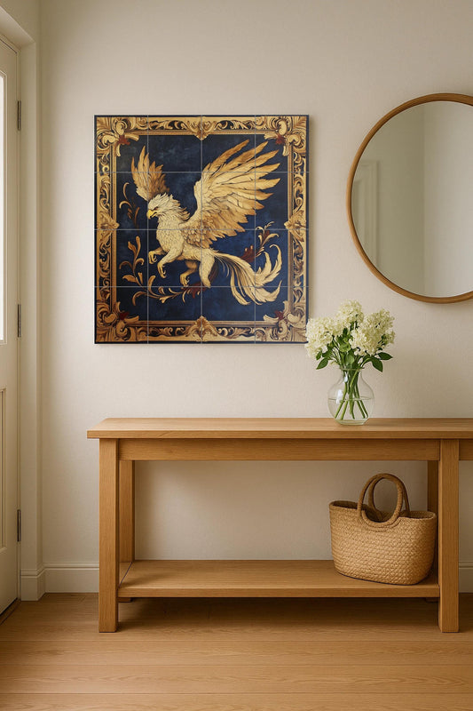 Ceramic Tile Mural: Grifo dorado con marco heráldico y fondo azul o — Legends & Epic Art