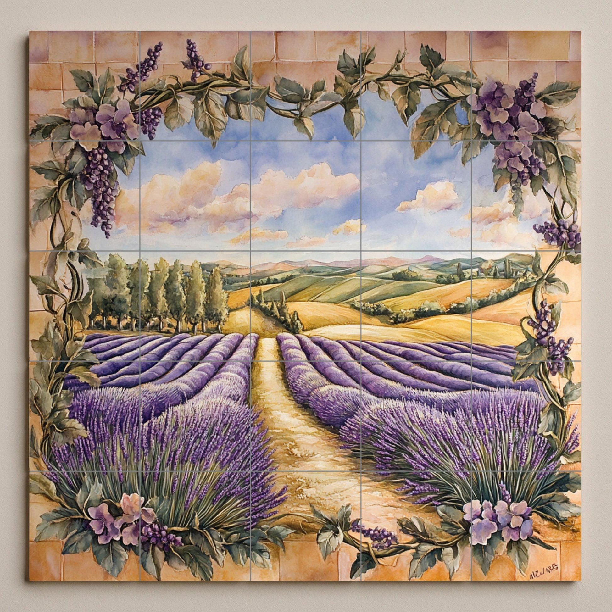 Murale in Piastrelle Con Campagna di Lavanda e Cornice di vides di la Toscan — Paesaggio Botanico