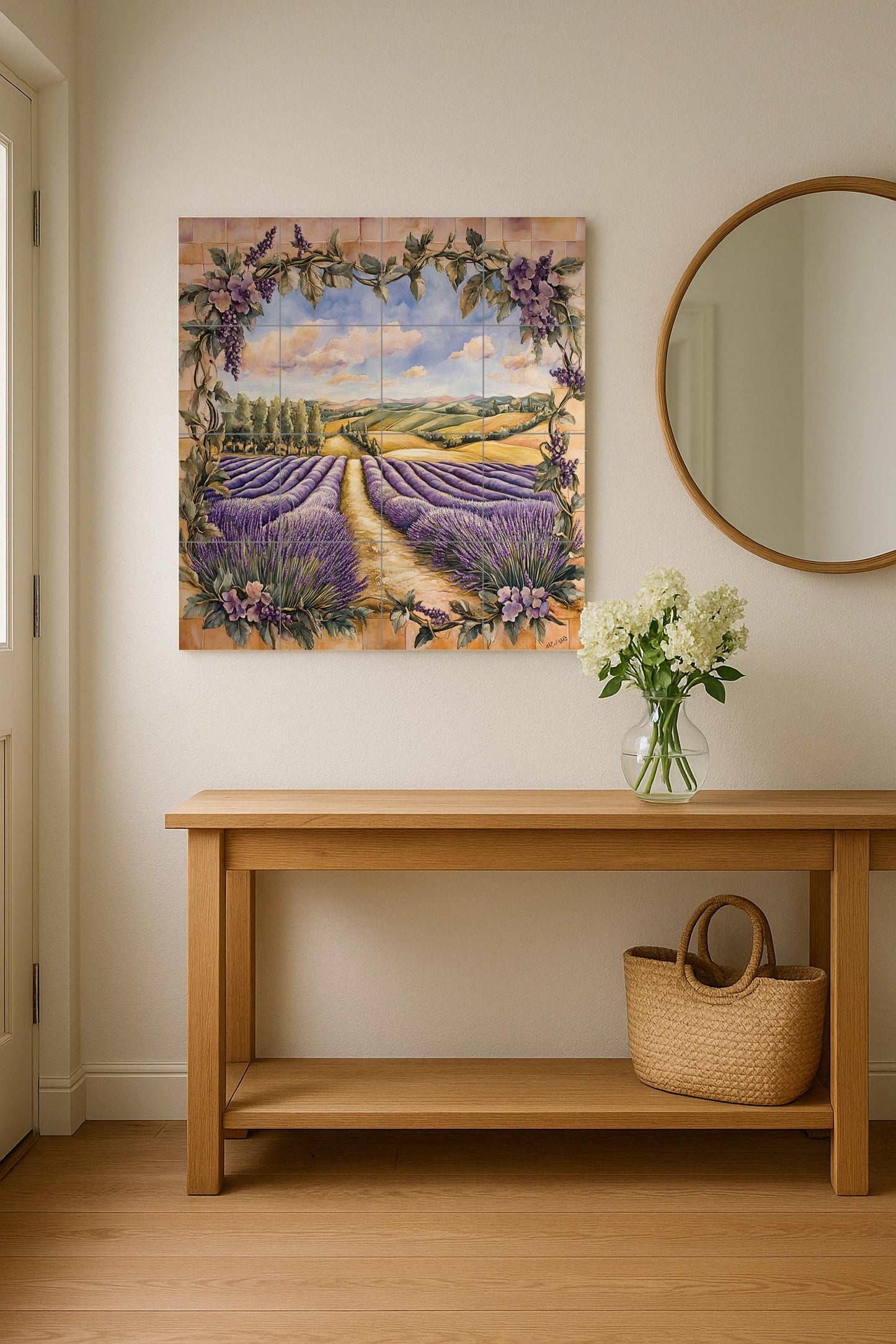 Murale in Piastrelle Con Campagna di Lavanda e Cornice di vides di la Toscan — Paesaggio Botanico