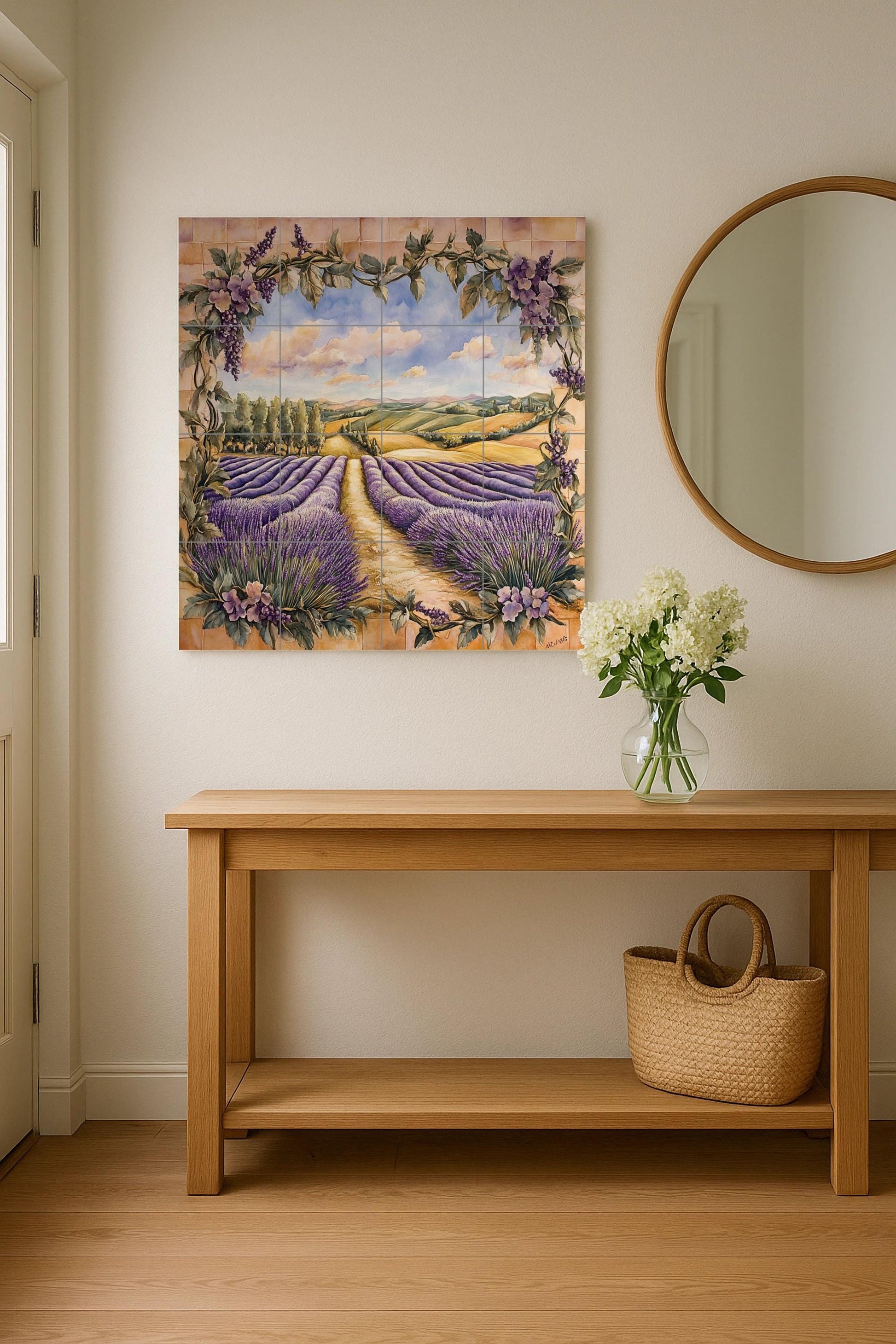 Murale in Piastrelle Con Campagna di Lavanda e Cornice di vides di la Toscan — Paesaggio Botanico