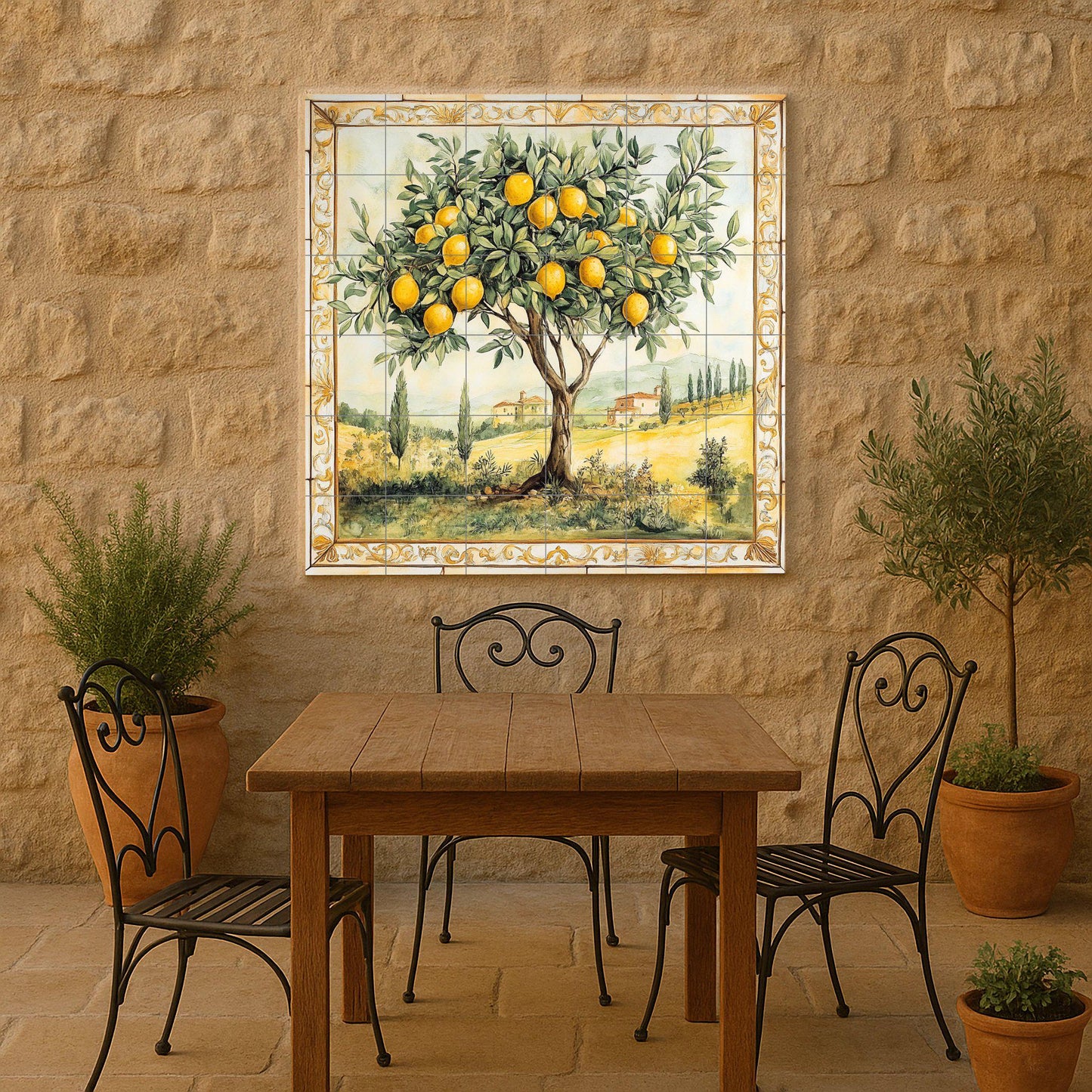 Fliesenbild Limonero con paisaje toscano y borde dorado, ar — Küchen- & Landszene