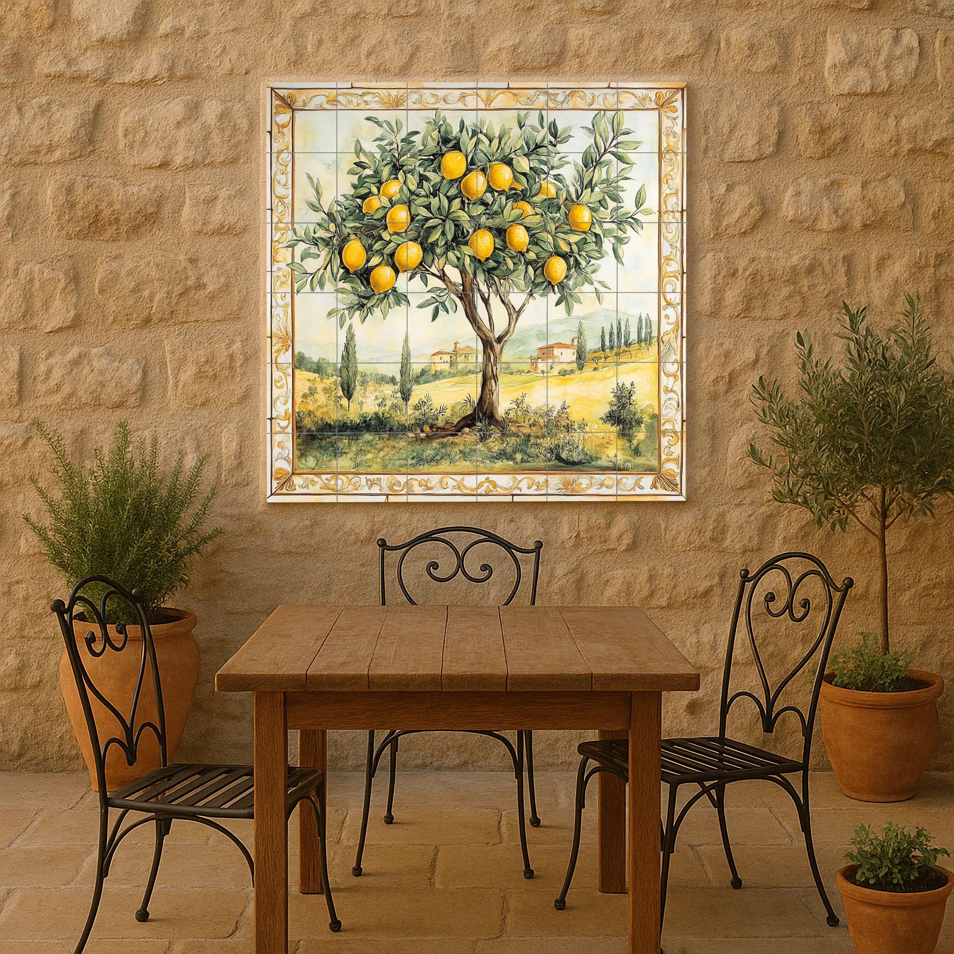 Fliesenbild Limonero con paisaje toscano y borde dorado, ar — Küchen- & Landszene