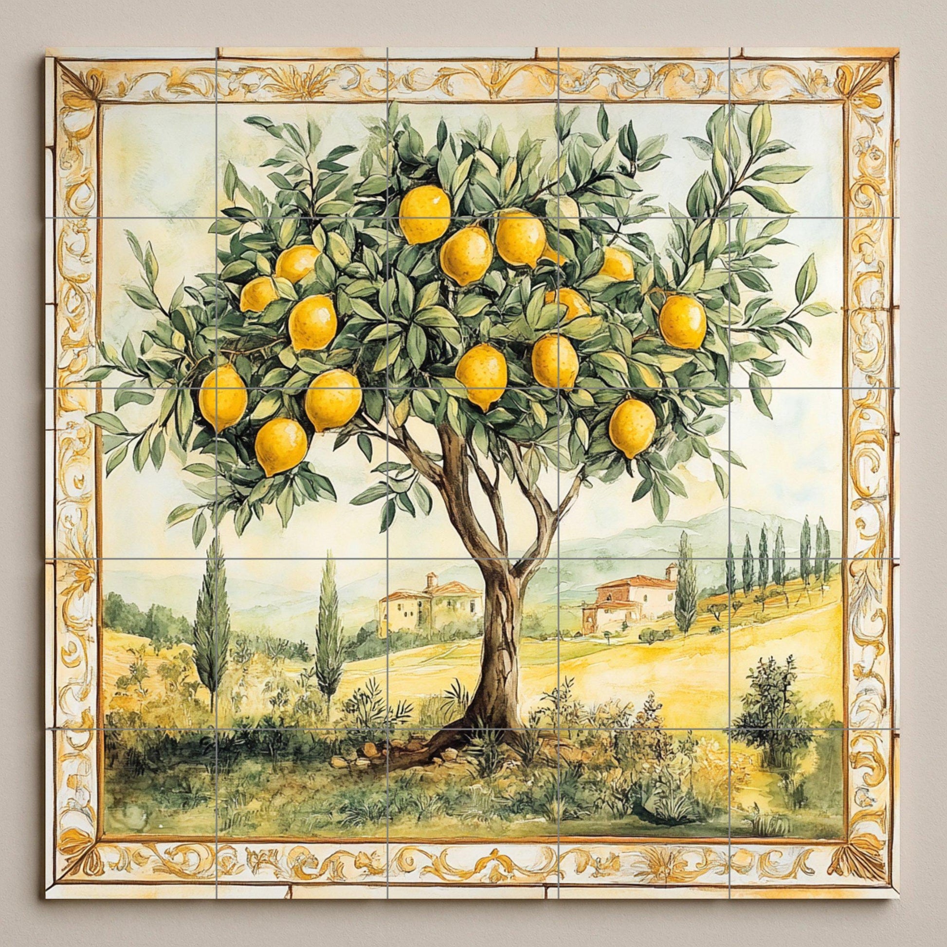 Fliesenbild Limonero con paisaje toscano y borde dorado, ar — Küchen- & Landszene