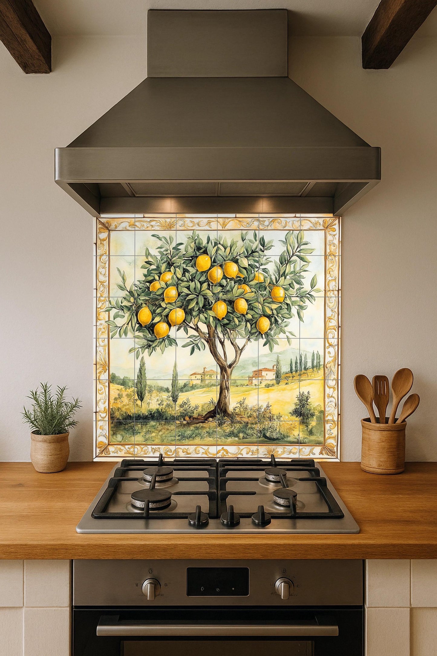 Fliesenbild Limonero con paisaje toscano y borde dorado, ar — Küchen- & Landszene