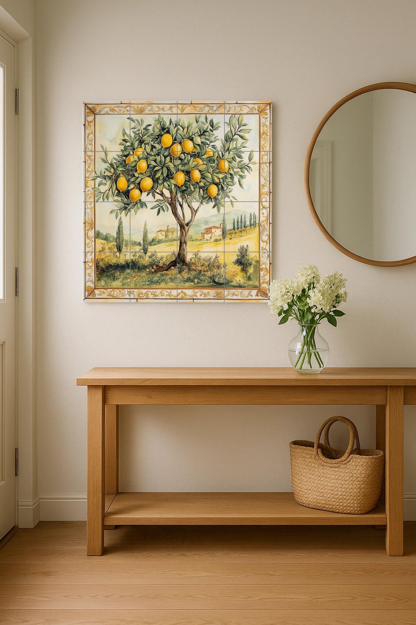 Fliesenbild Limonero con paisaje toscano y borde dorado, ar — Küchen- & Landszene