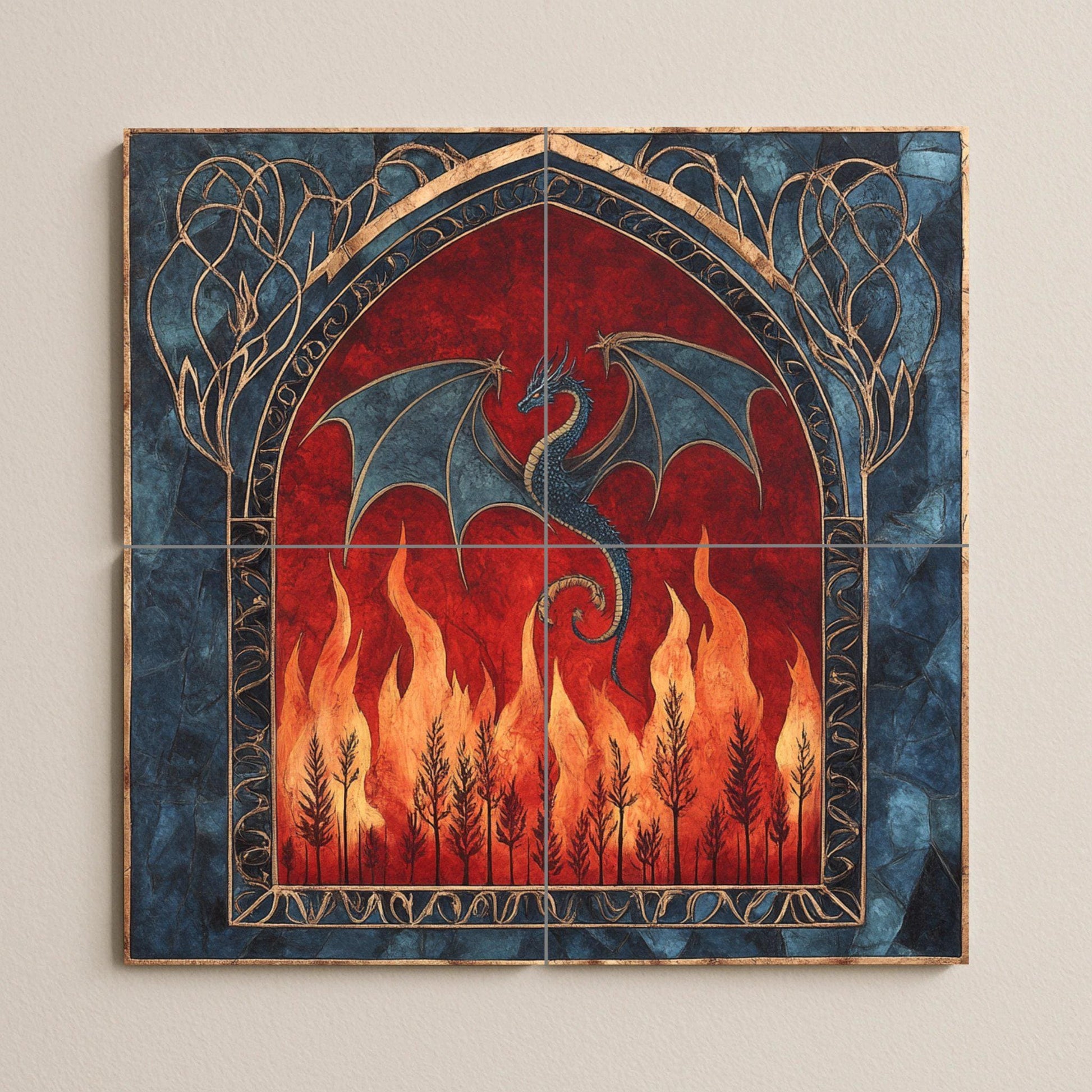 Dragón medieval con diseño de arco gótico y fue — Fliesen-Wandbild aus Keramik · Mythologische Szene