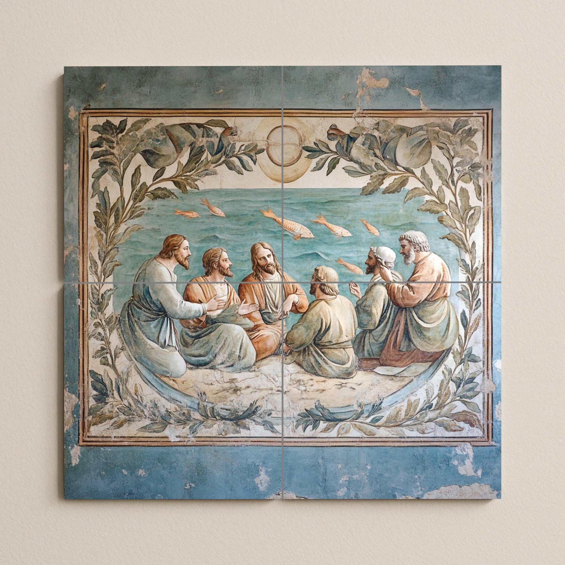Mural de cerámica bíblico con Jesús y los apóstoles junto al mar…