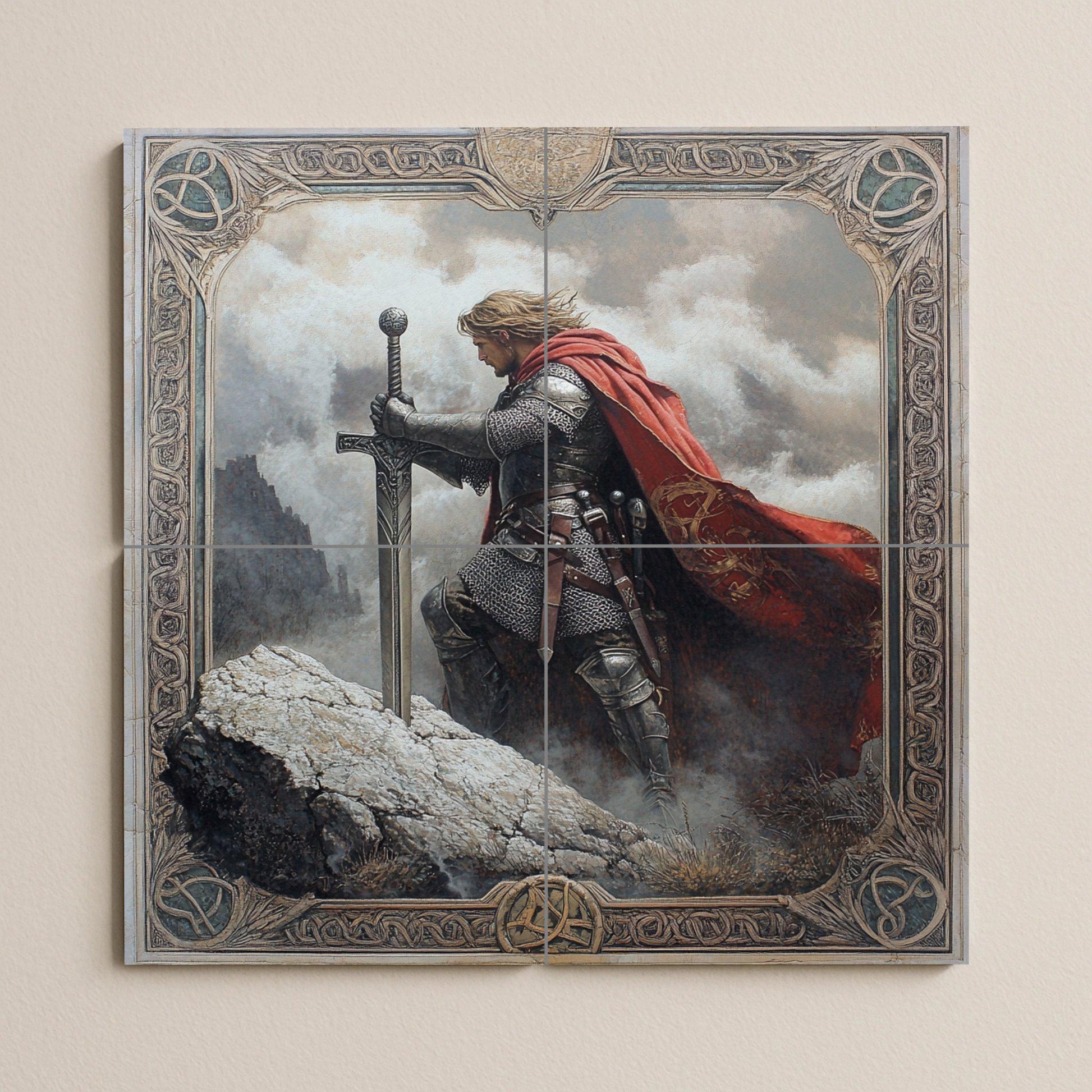 Mural de pared de cerámica de caballero medieval con espada y capa…