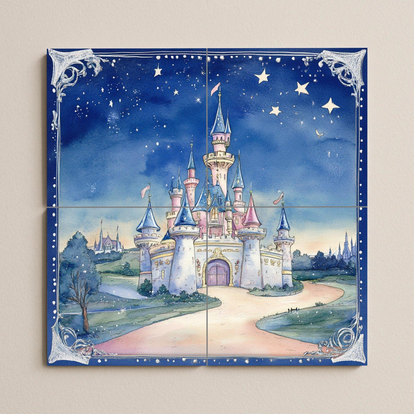 Fresque en Carrelage Castillo de cuento de hadas con cielo estrellad — Art Mural Mythologique