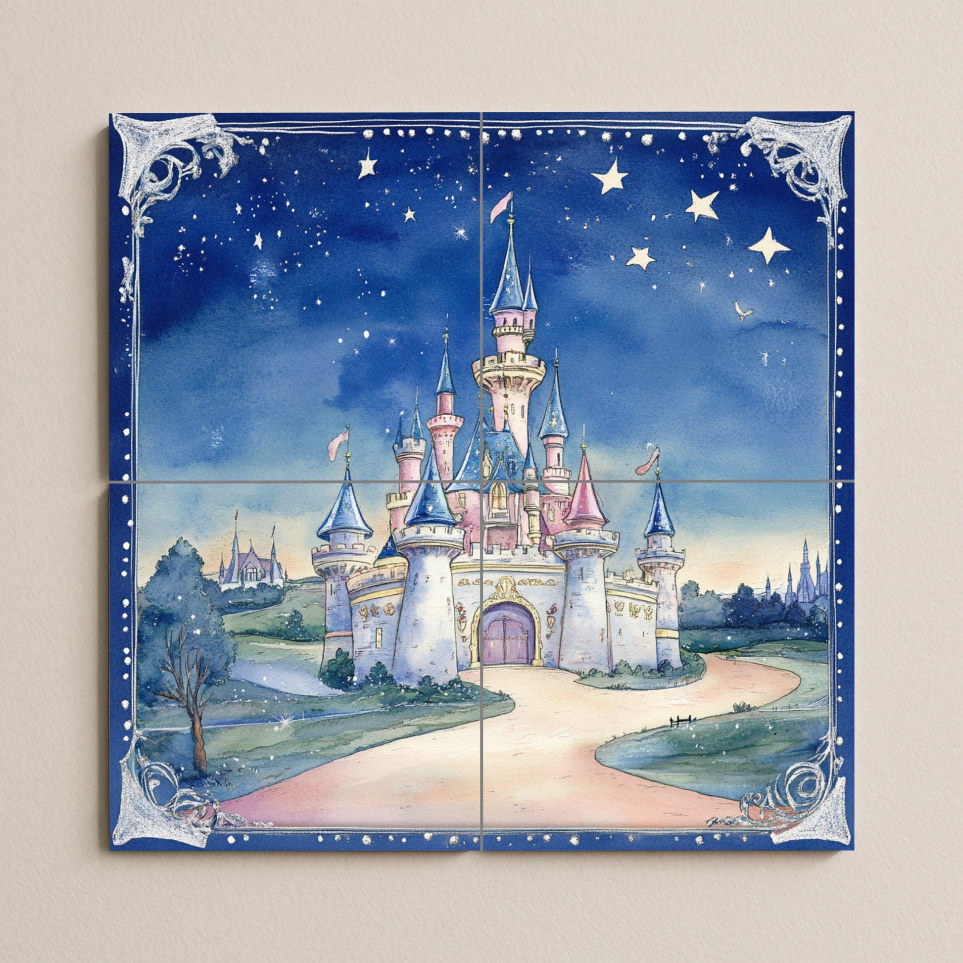Fresque en Carrelage Castillo de cuento de hadas con cielo estrellad — Art Mural Mythologique