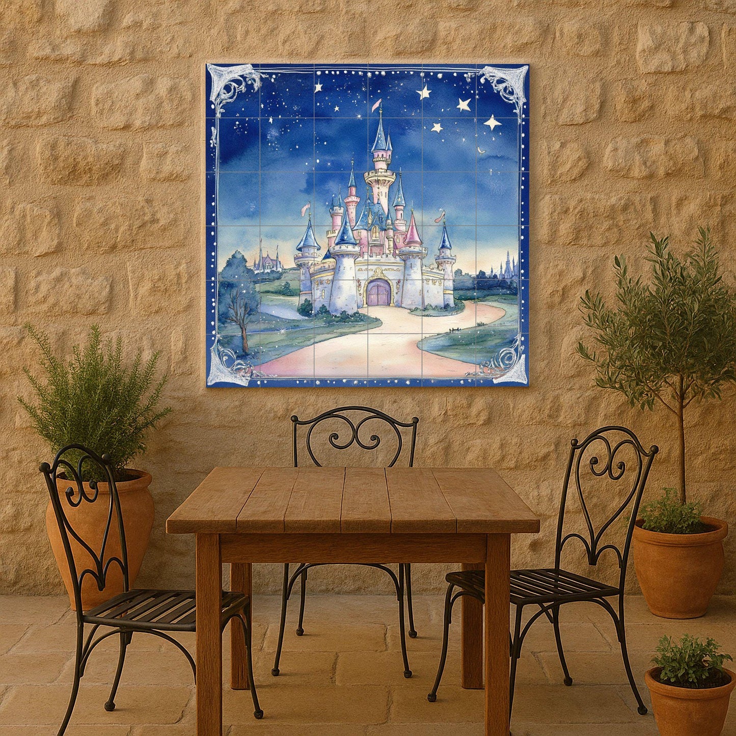 Fresque en Carrelage Castillo de cuento de hadas con cielo estrellad — Art Mural Mythologique