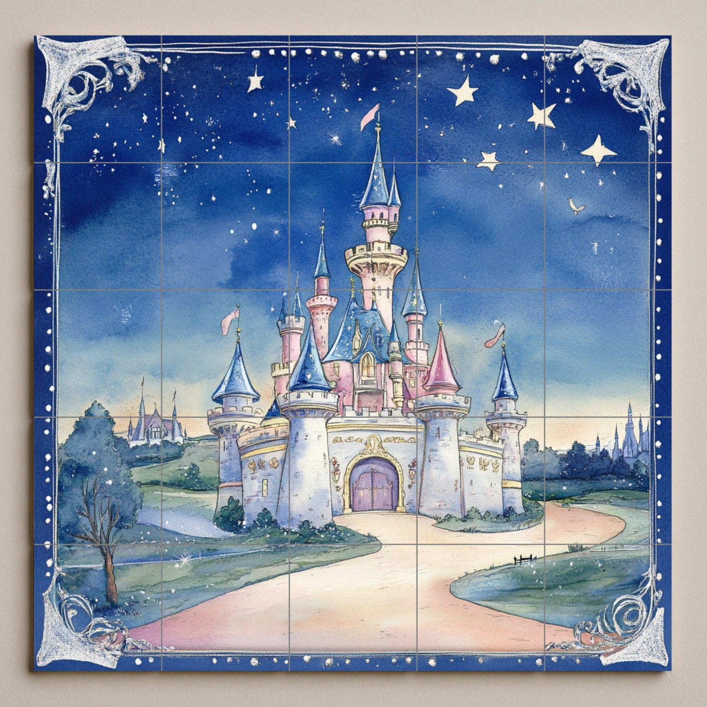 Fresque en Carrelage Castillo de cuento de hadas con cielo estrellad — Art Mural Mythologique