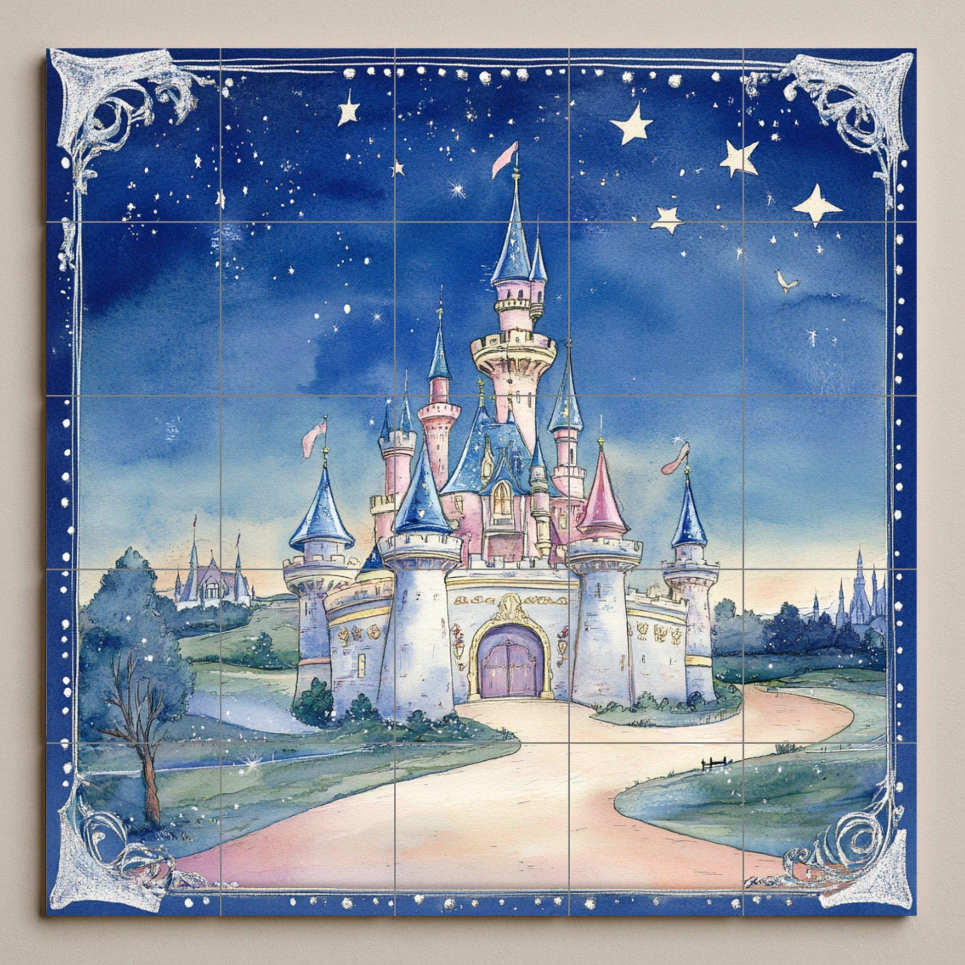 Fresque en Carrelage Castillo de cuento de hadas con cielo estrellad — Art Mural Mythologique