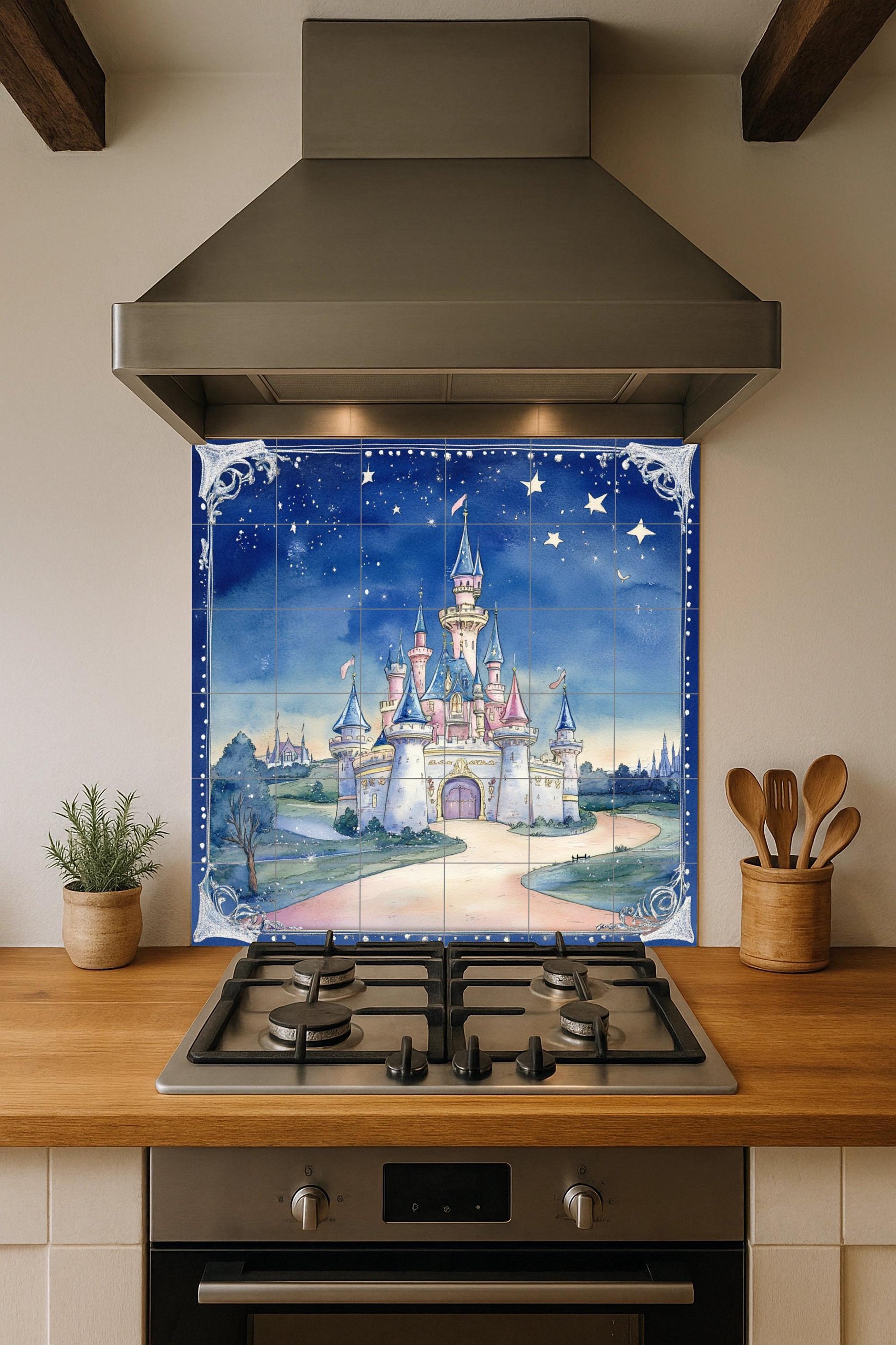 Fresque en Carrelage Castillo de cuento de hadas con cielo estrellad — Art Mural Mythologique