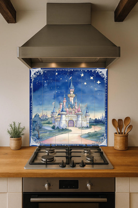 Castillo de cuento de hadas con cielo estrellad — Ancient Legend Décor · Ceramic Tile Mural