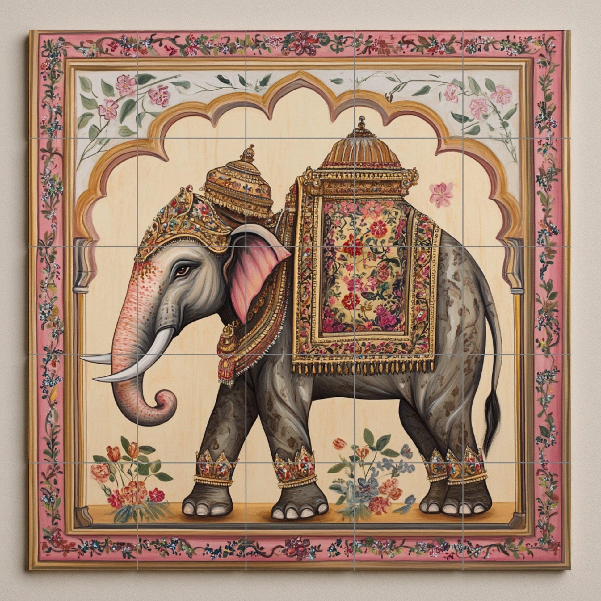 Elefante indio con silla de montar ornamentada · Ceramic Wall Mural — Nature Wall Art