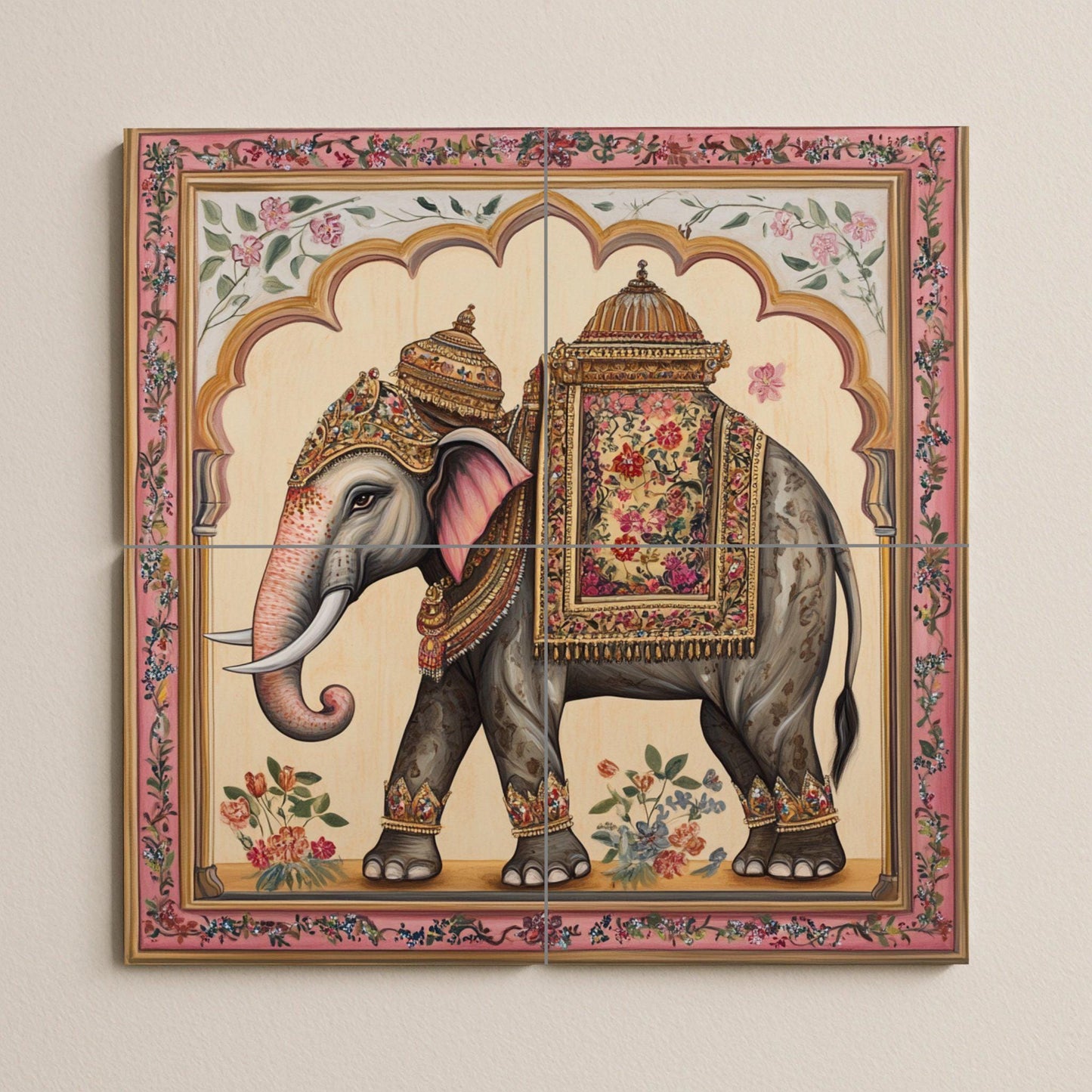 Elefante indio con silla de montar ornamentada · Ceramic Wall Mural — Nature Wall Art