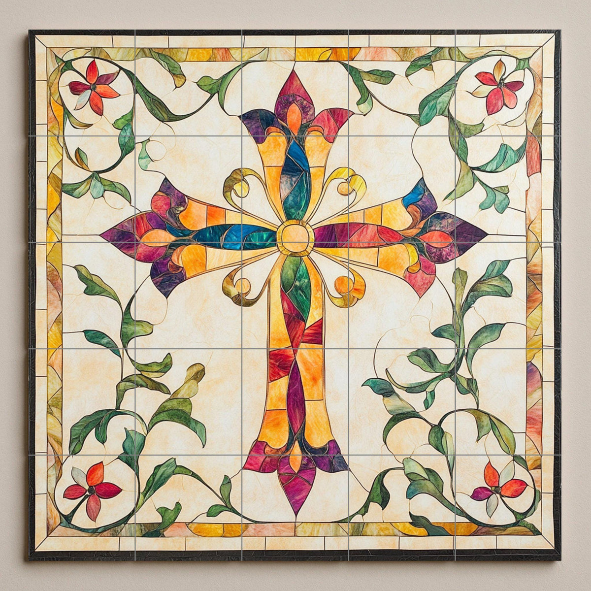 Mural de pared de cerámica con forma de cruz de colores con adornos…