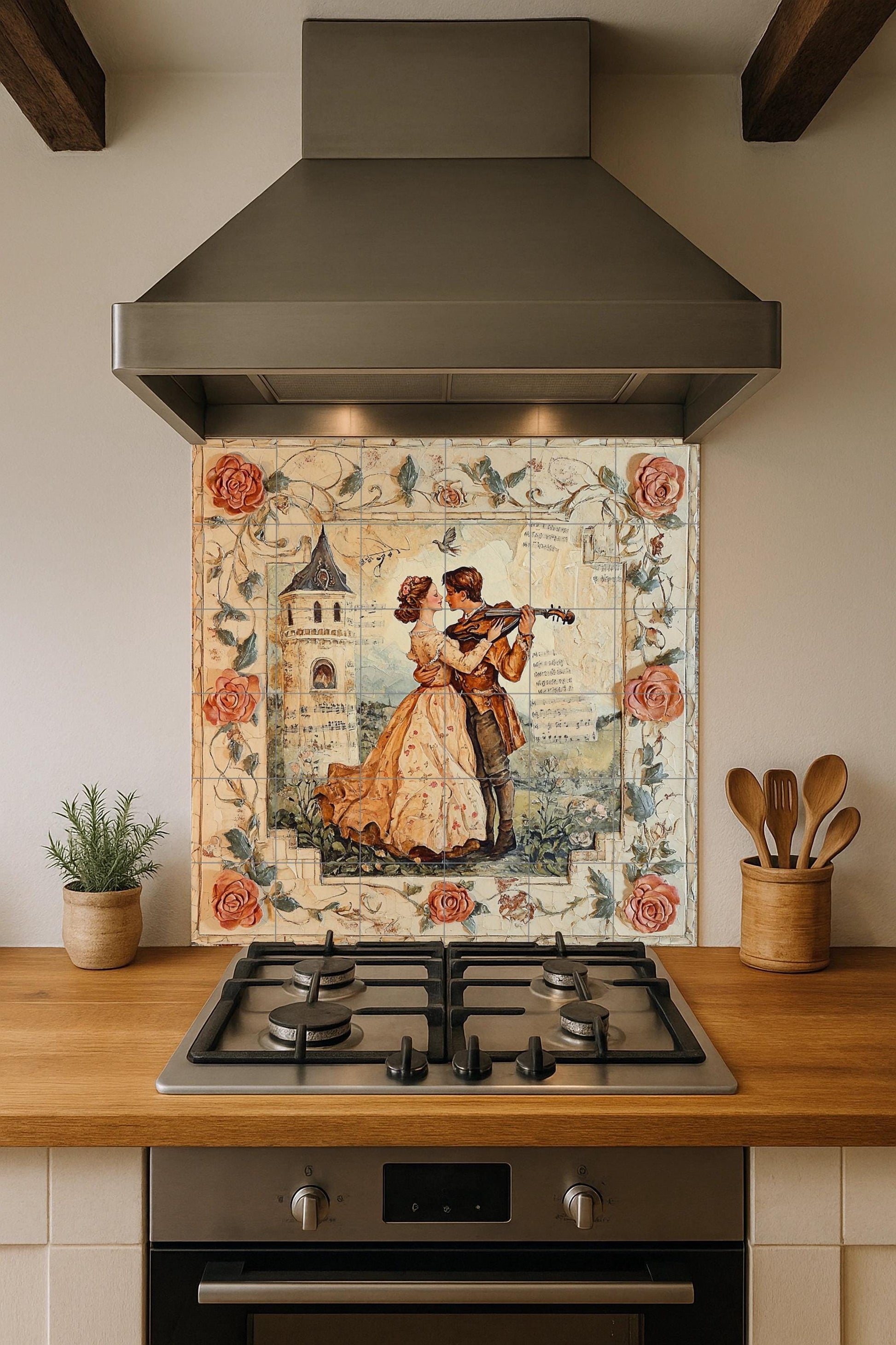 Mural de pared de cerámica de pareja romántica con serenata de violín…