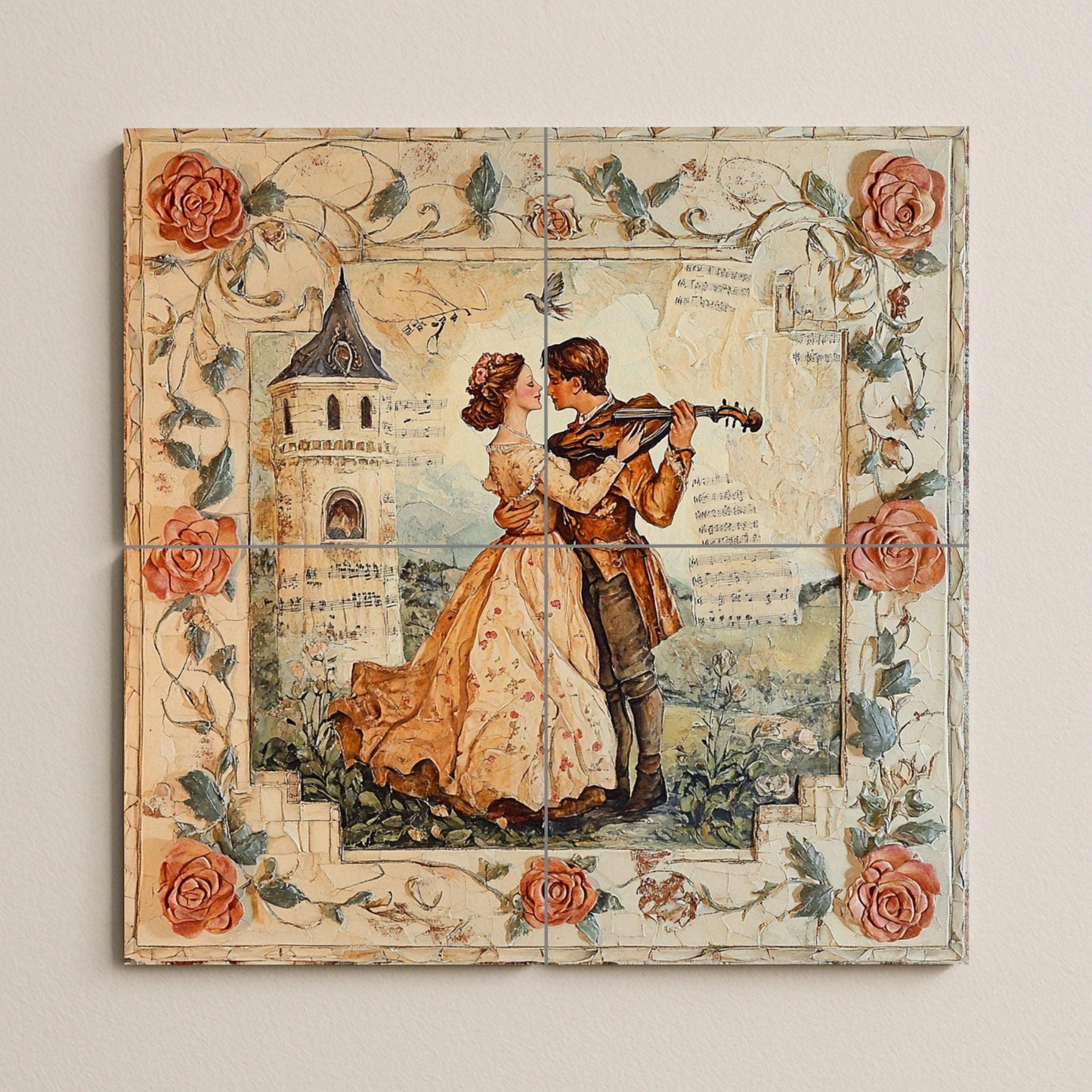 Mural de pared de cerámica de pareja romántica con serenata de violín…