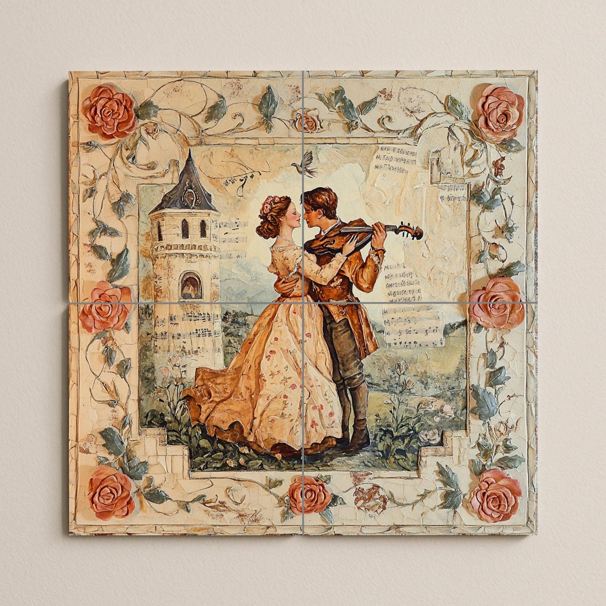 Mural de pared de cerámica de pareja romántica con serenata de violín…