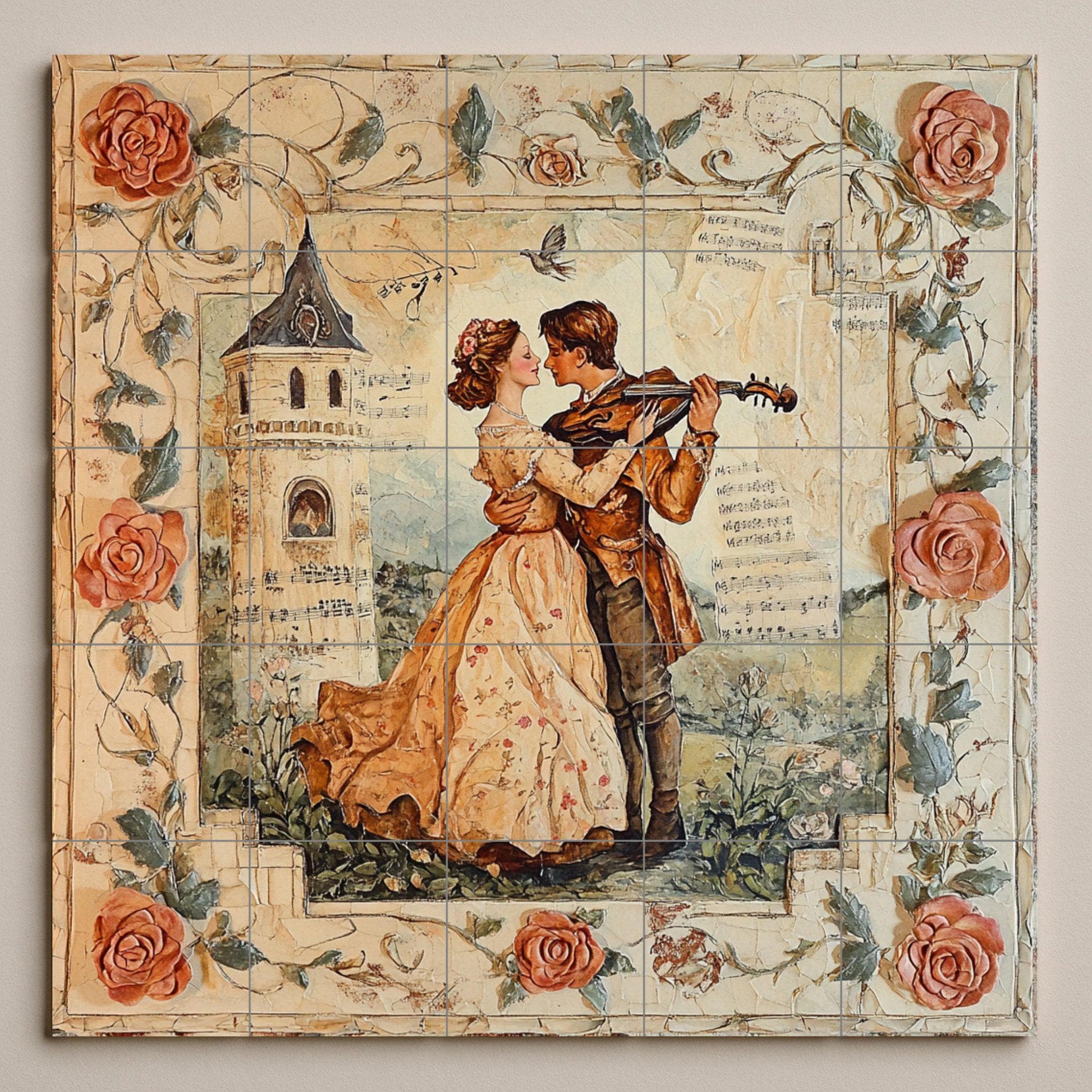 Mural de pared de cerámica de pareja romántica con serenata de violín…