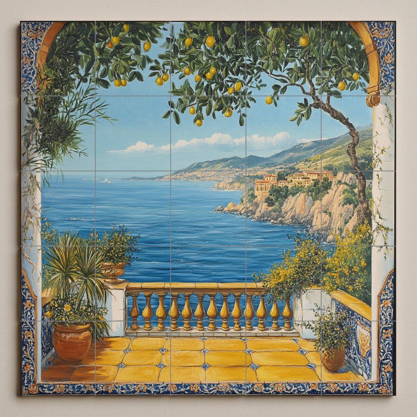 Mural de pared de cerámica de limonero mediterráneo con vista al mar…