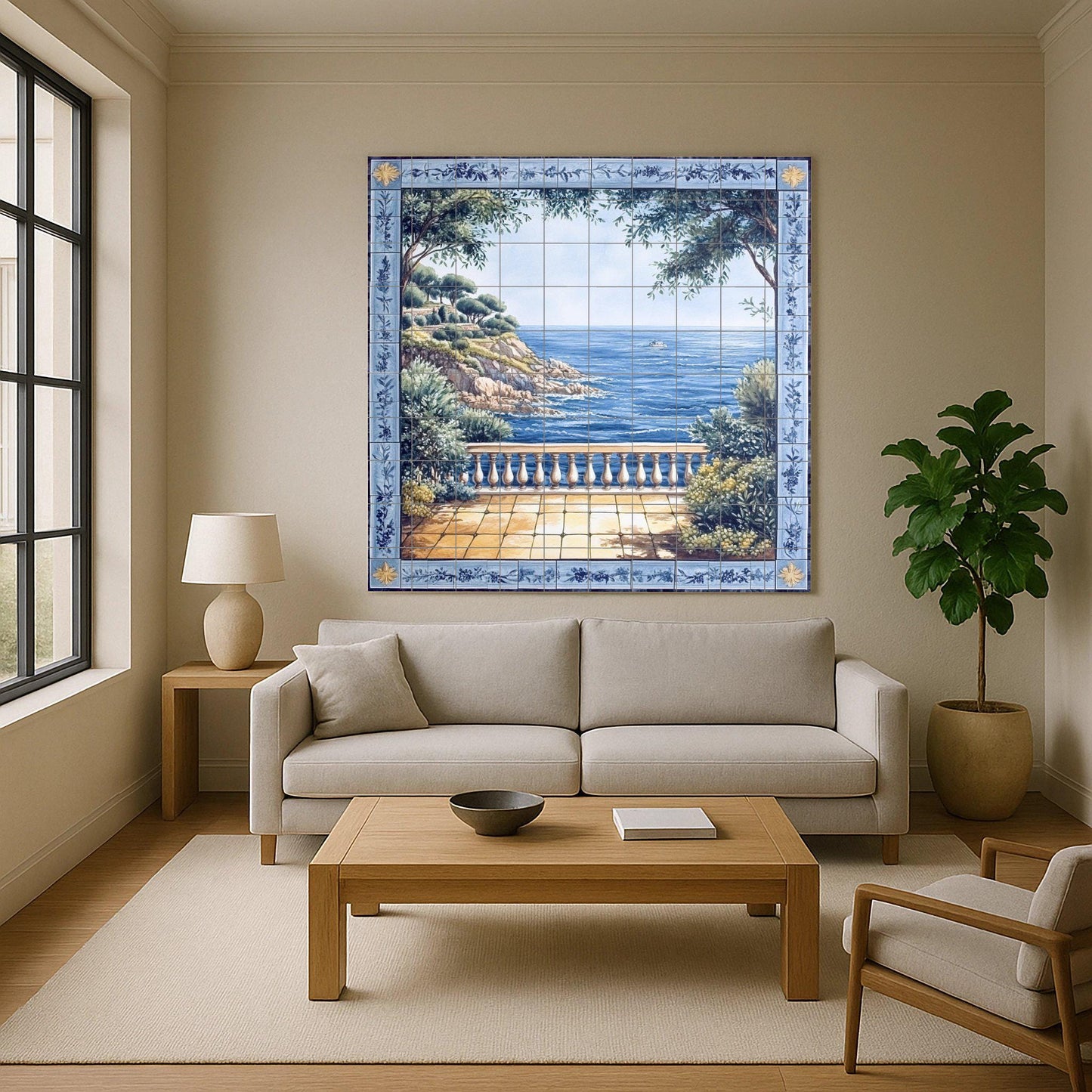 Avec Vue au Mer Méditerranéen et Bordure Floral Bleu — Décor Jardin et Nature, Art Mural en Céramique