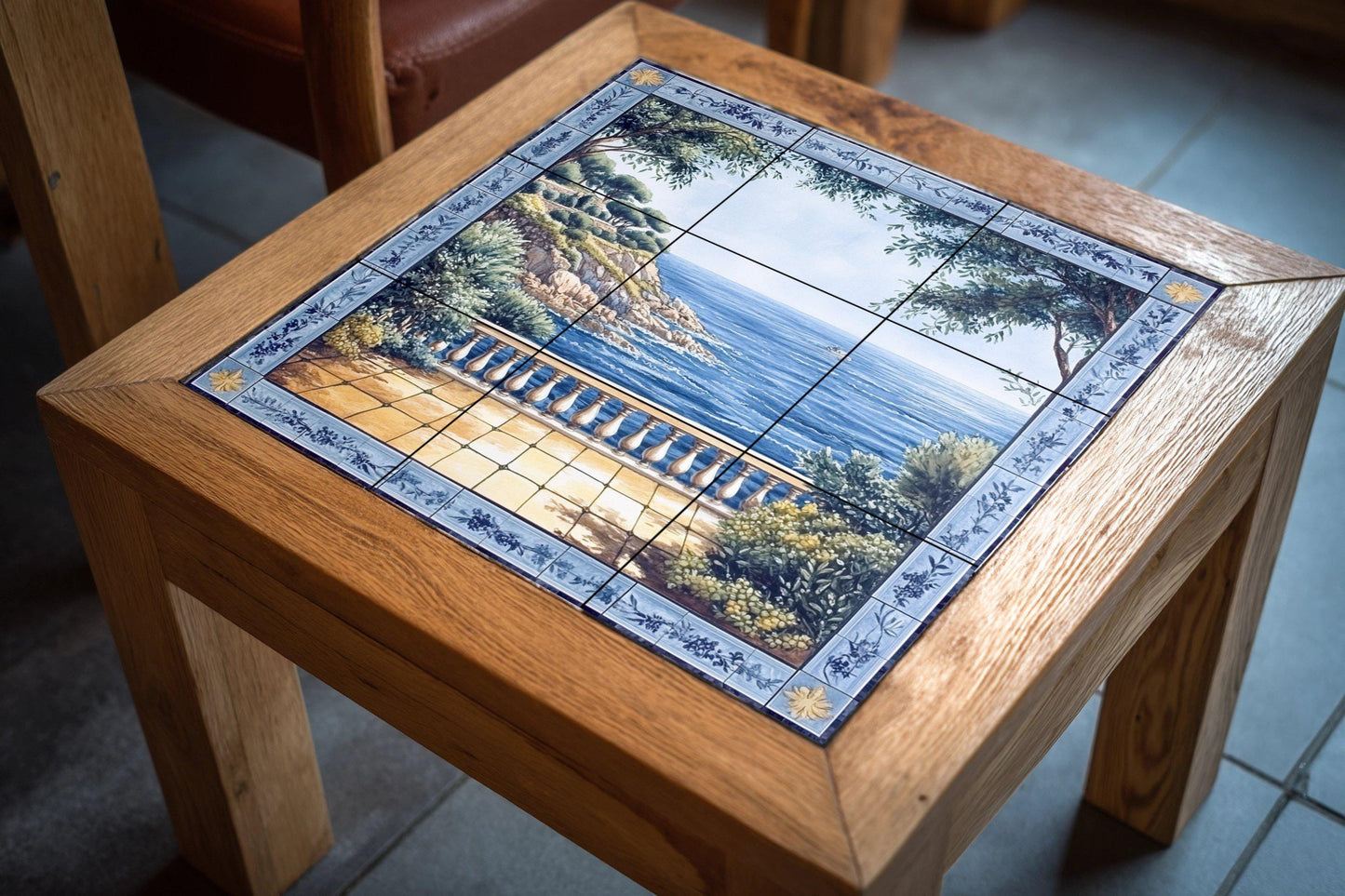 Avec Vue au Mer Méditerranéen et Bordure Floral Bleu — Décor Jardin et Nature, Art Mural en Céramique