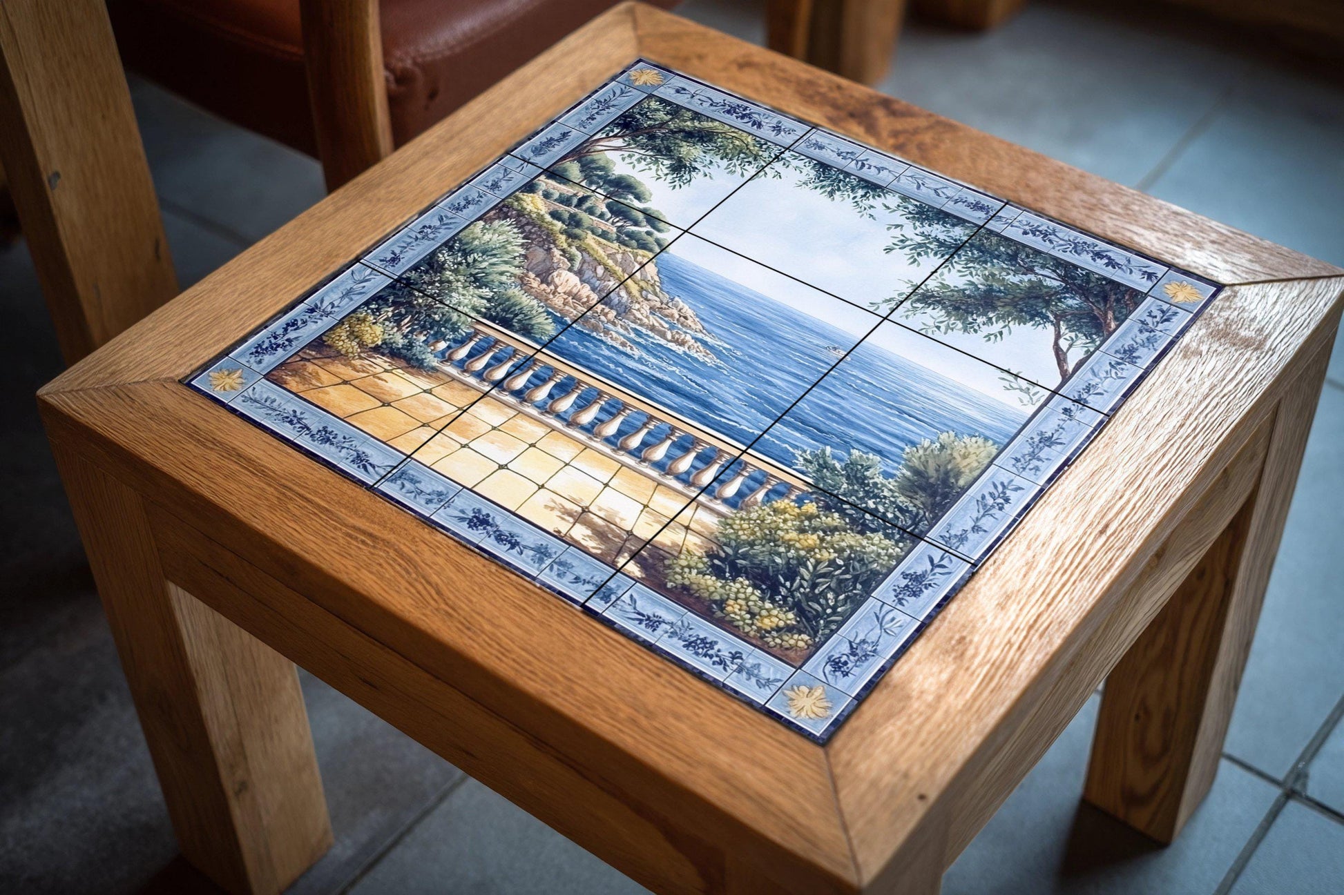 Avec Vue au Mer Méditerranéen et Bordure Floral Bleu — Décor Jardin et Nature, Art Mural en Céramique