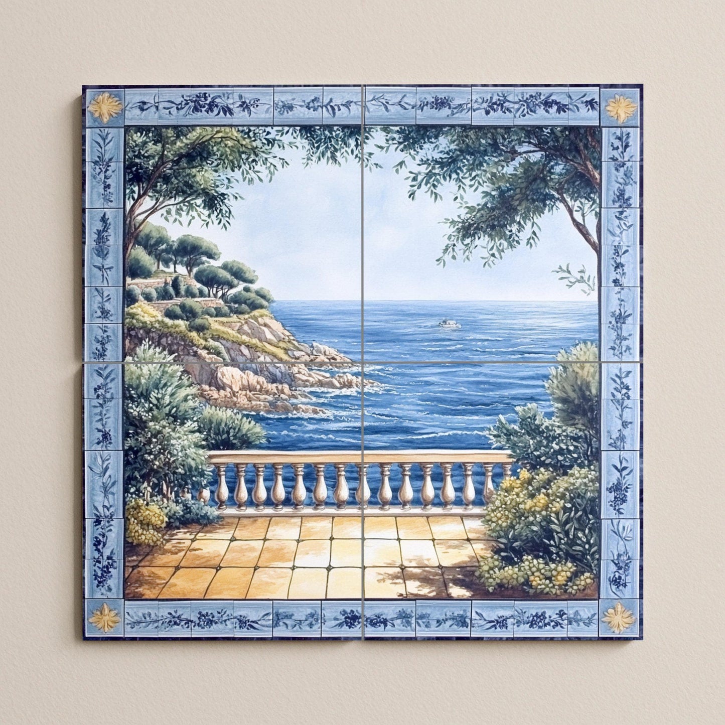 Avec Vue au Mer Méditerranéen et Bordure Floral Bleu — Décor Jardin et Nature, Art Mural en Céramique