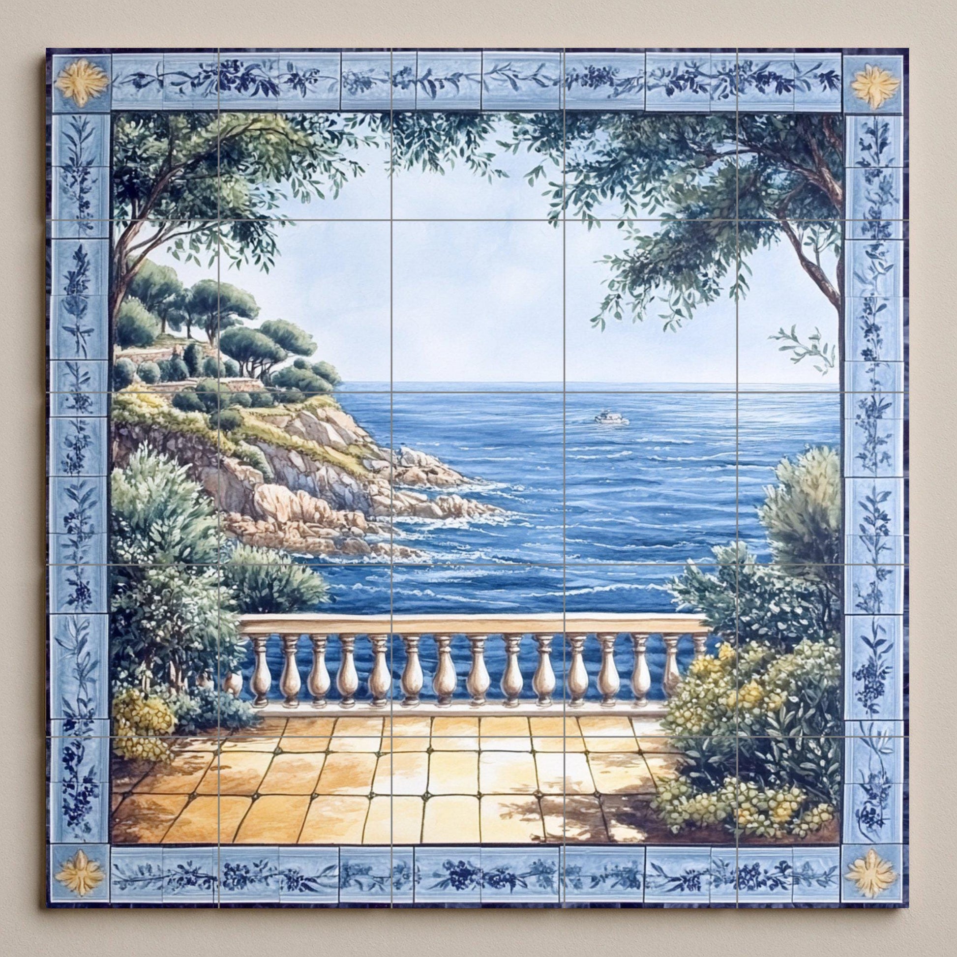 Avec Vue au Mer Méditerranéen et Bordure Floral Bleu — Décor Jardin et Nature, Art Mural en Céramique