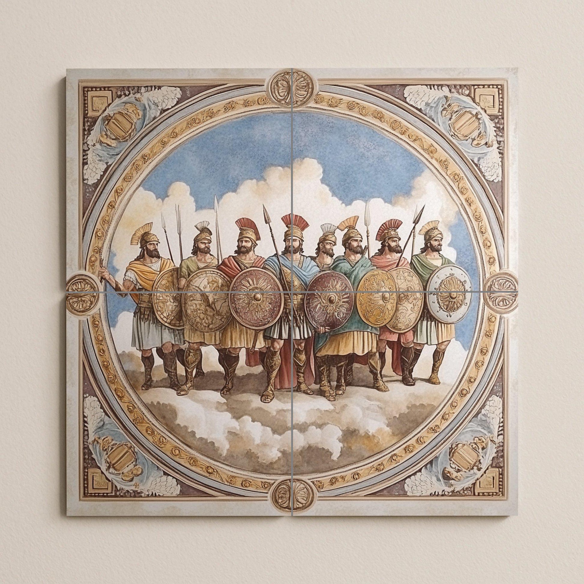Mural de pared de cerámica de guerreros antiguos con soldados romanos…