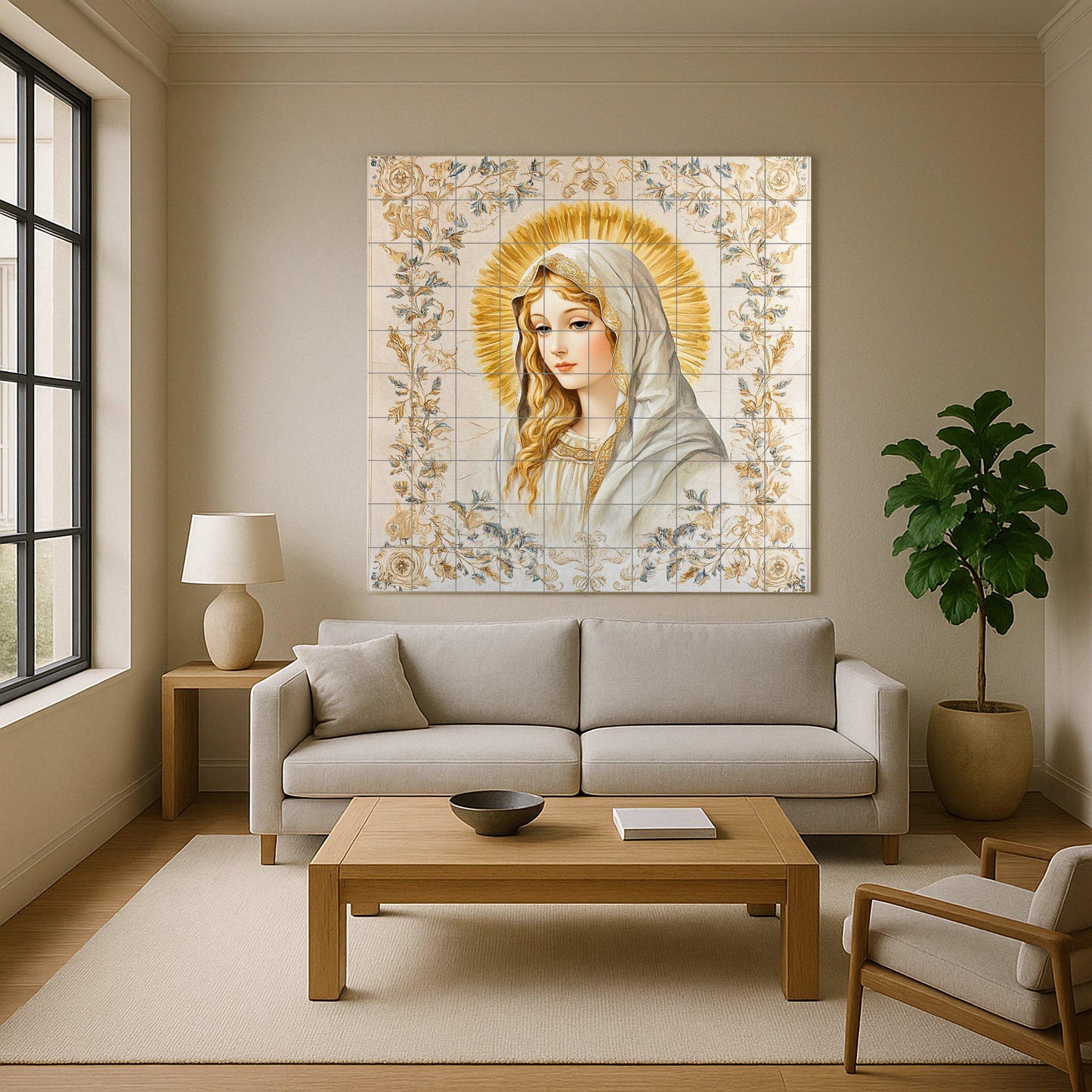 Mural de pared de cerámica de la Virgen María con halo dorado y…