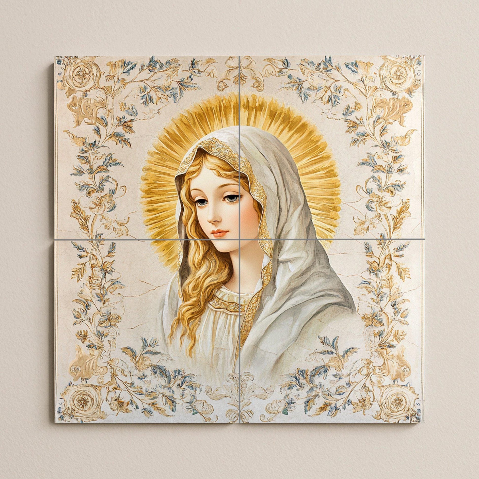 Mural de pared de cerámica de la Virgen María con halo dorado y…