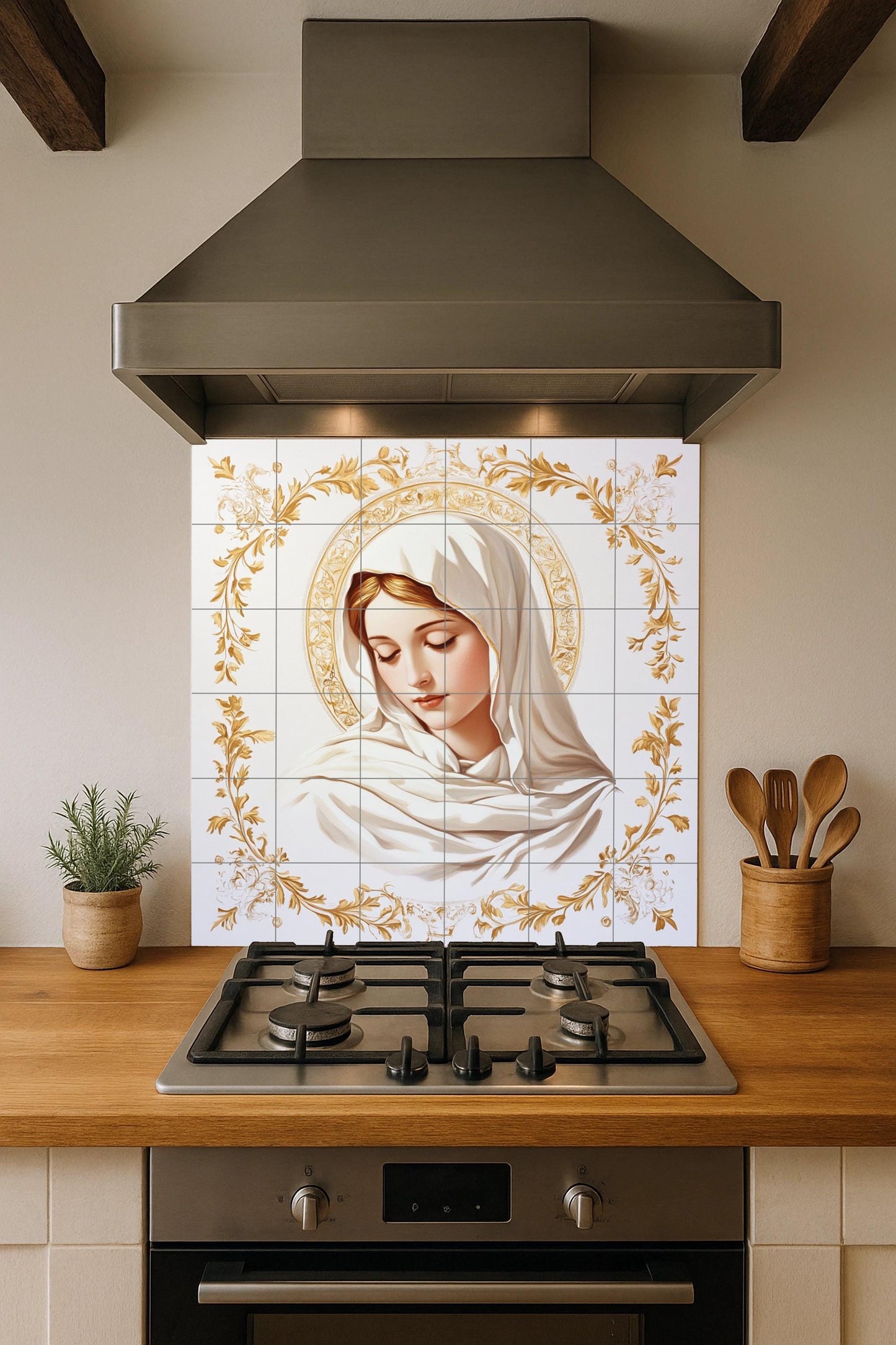 Mural de pared de cerámica de la Virgen María con halo dorado y…