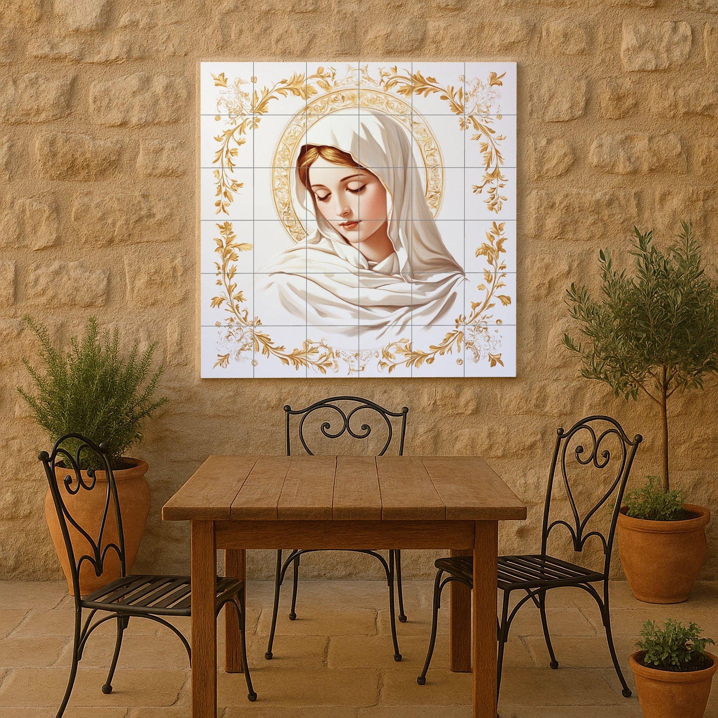 Mural de pared de cerámica de la Virgen María con halo dorado y…