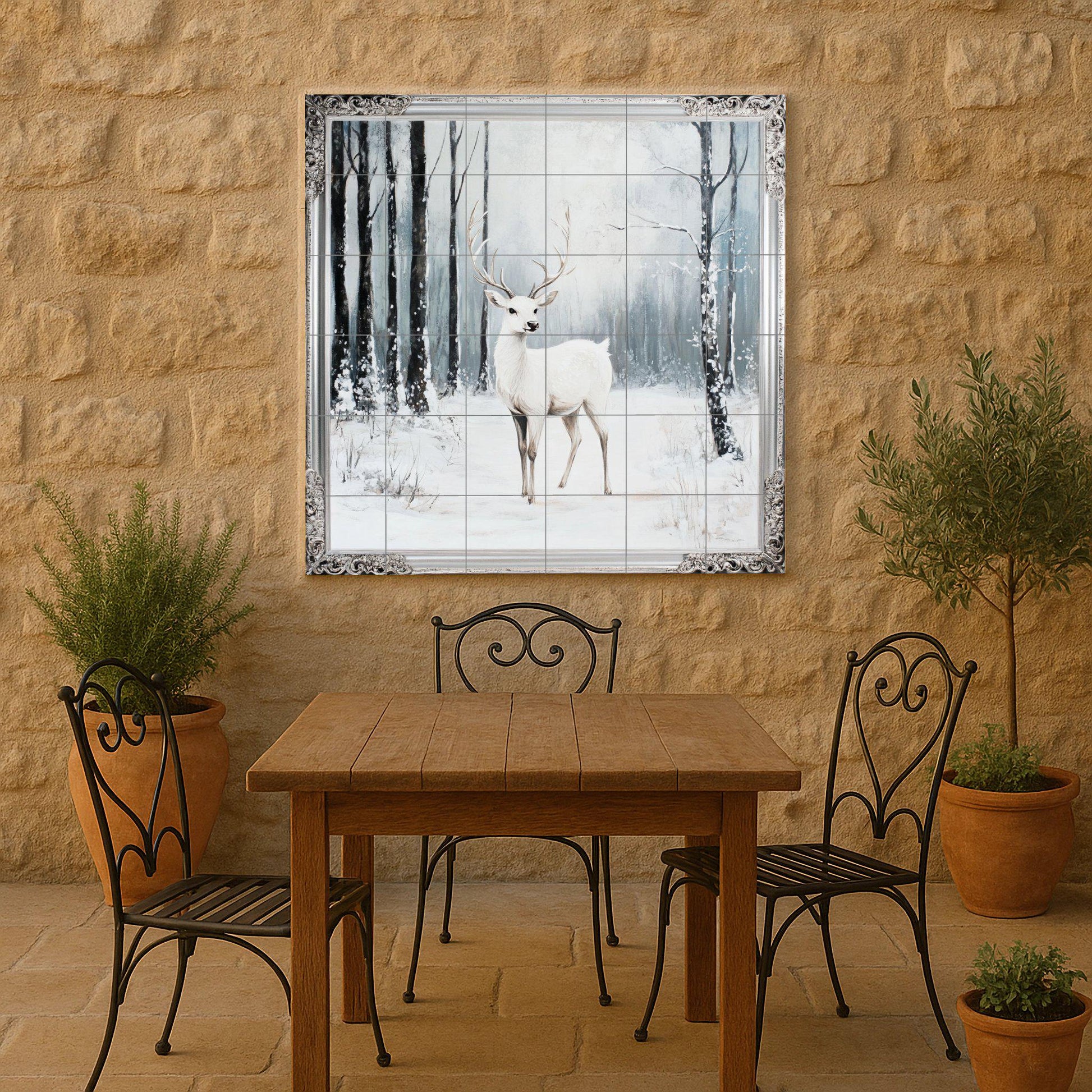 Fresque en Carrelage Ciervo blanco con escena de bosque nevado y bor — Art Mural Nature