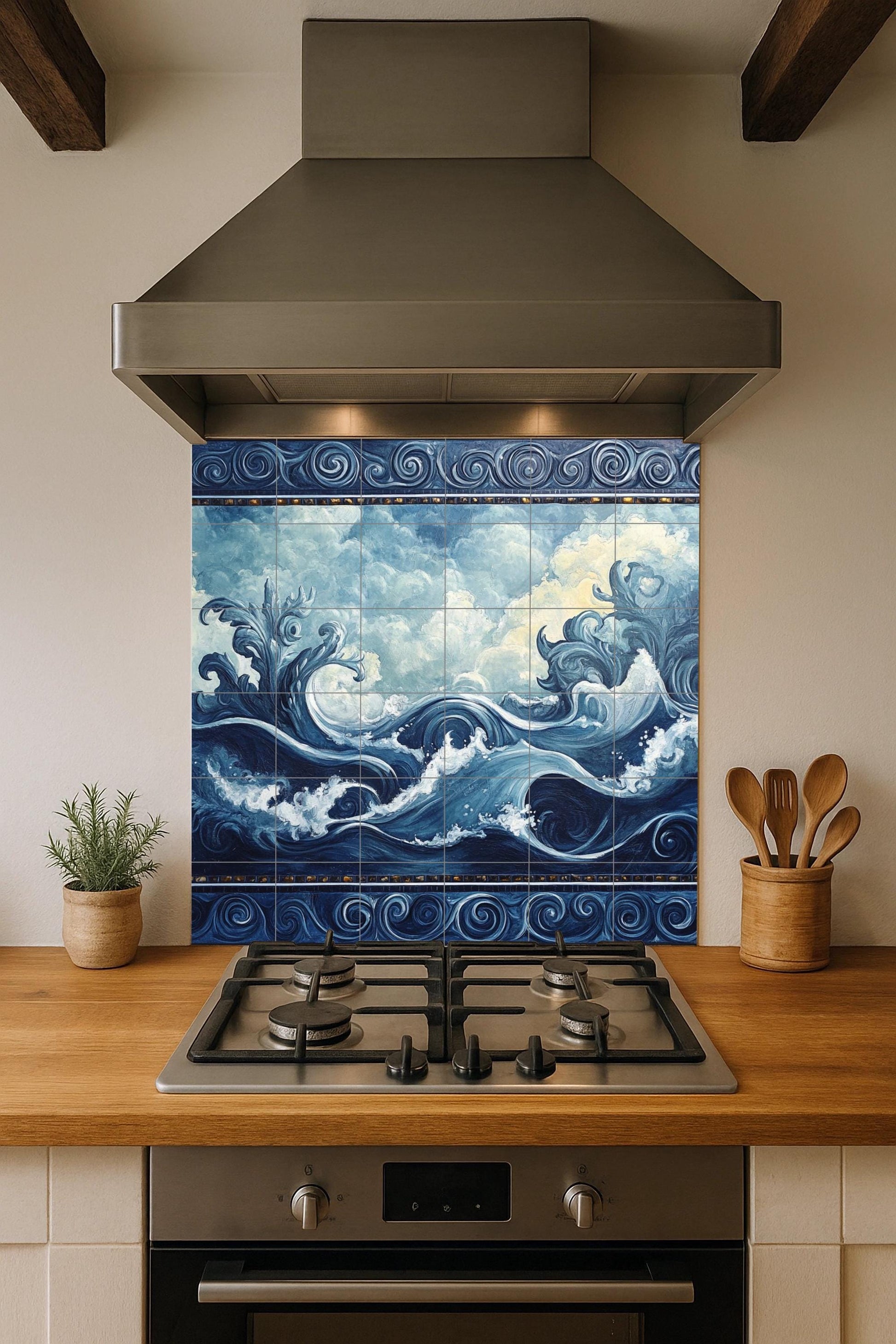 Mural de pared de cerámica con olas del océano y diseño de nubes y…