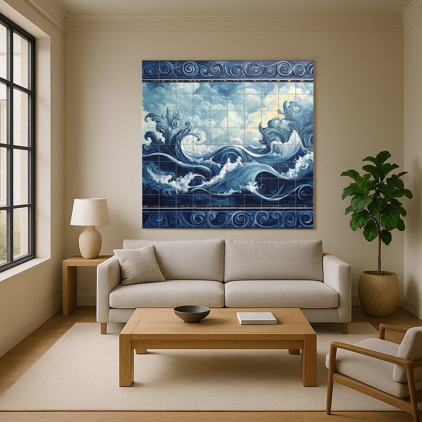 Mural de pared de cerámica con olas del océano y diseño de nubes y…