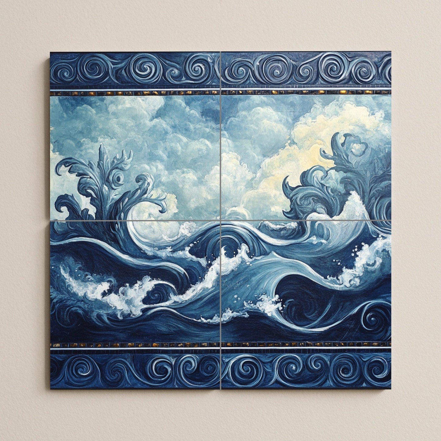 Mural de pared de cerámica con olas del océano y diseño de nubes y…