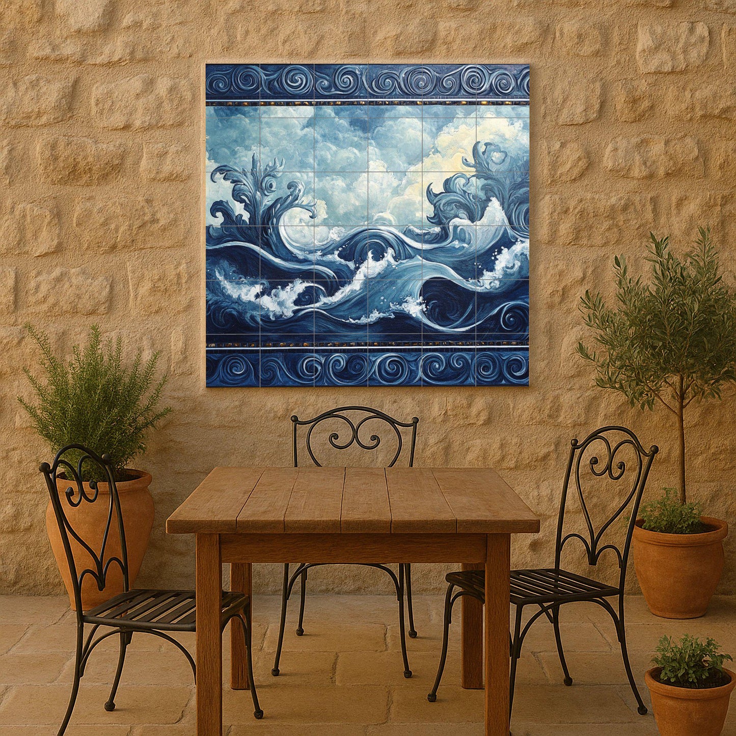 Mural de pared de cerámica con olas del océano y diseño de nubes y…