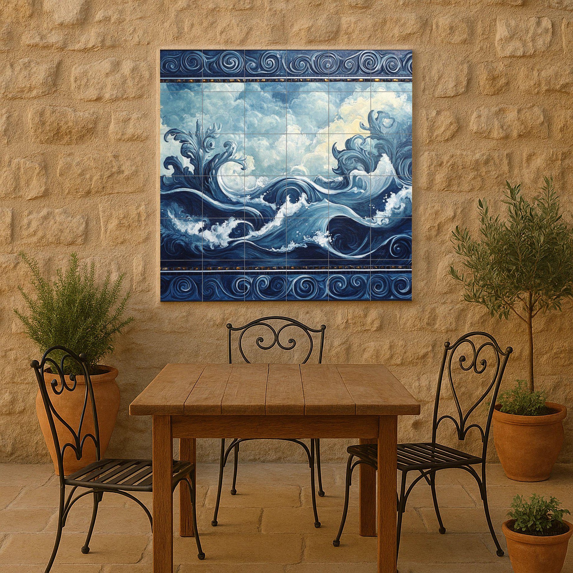 Mural de pared de cerámica con olas del océano y diseño de nubes y…